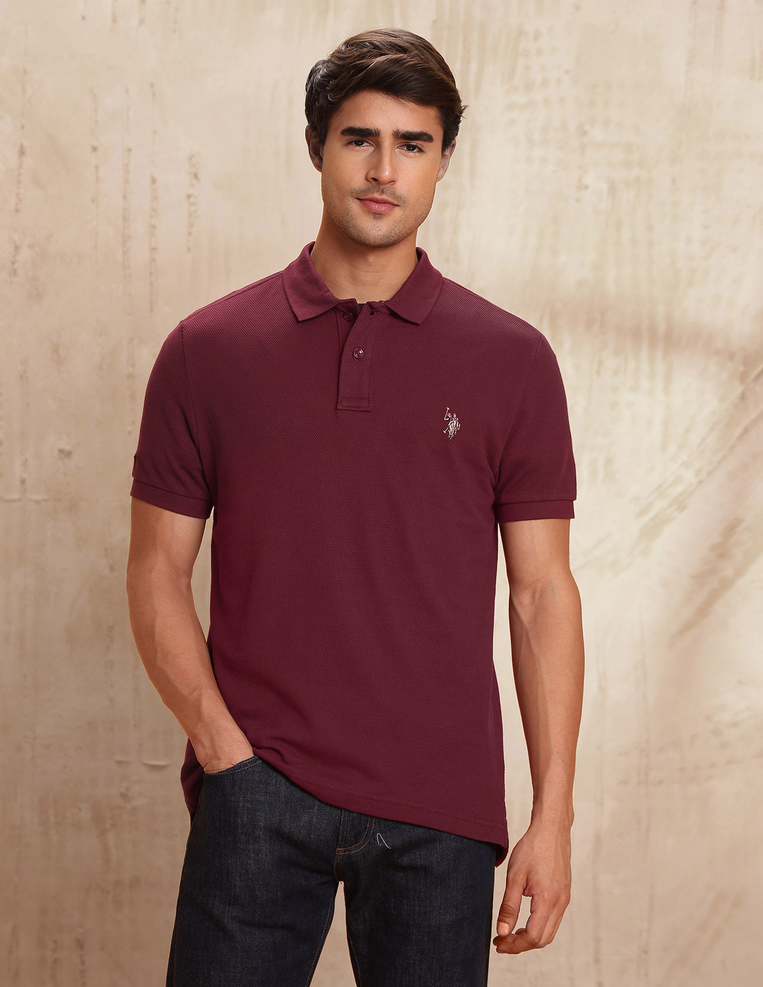 Textured Pure Cotton Polo Shirt Maroon - U.S. POLO ASSN. | Large