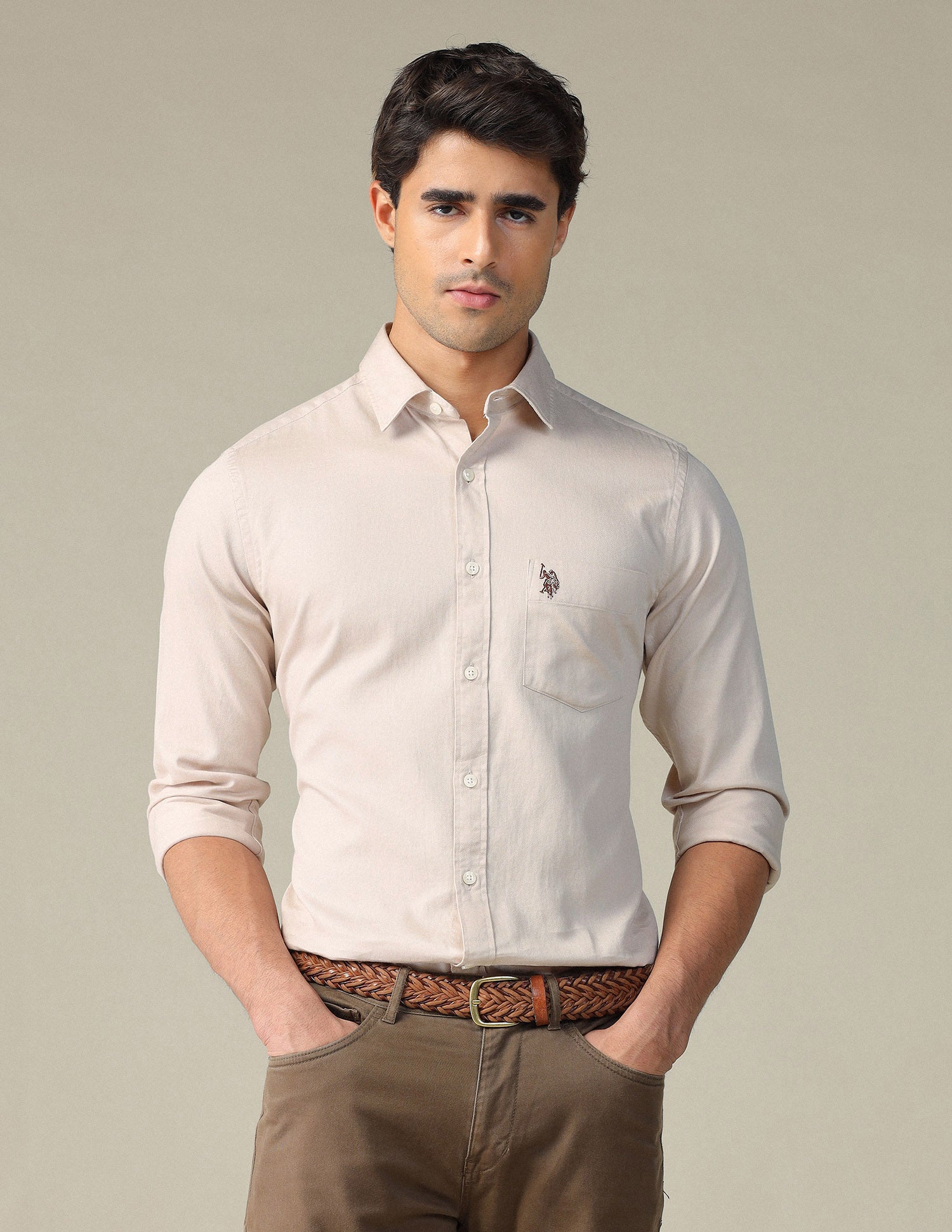 Pure Cotton Tailored Fit Shirt Beige - U.S. POLO ASSN. | Large