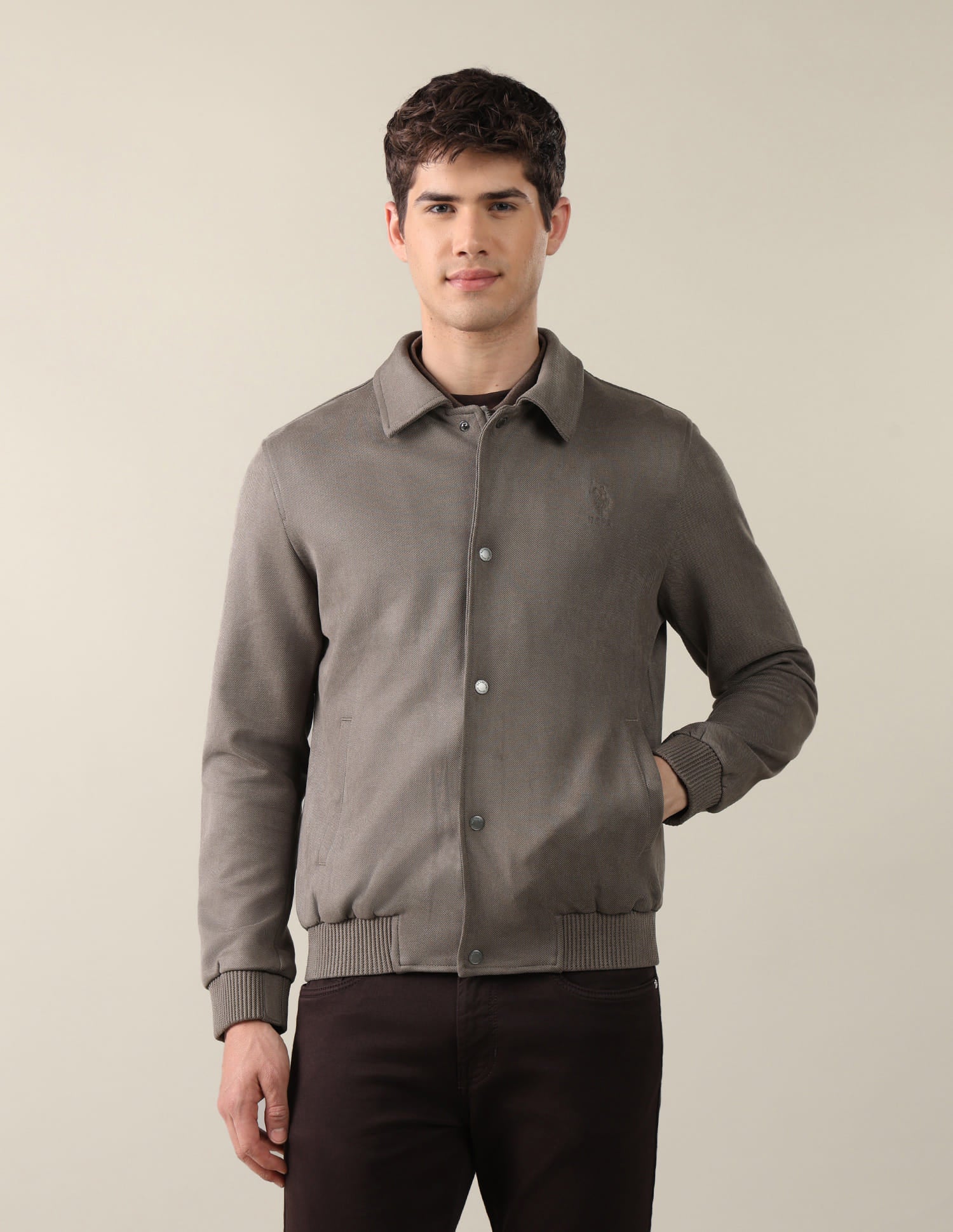 Solid Regular Fit Bomber Jacket Brown - U.S. Polo Assn. India | Large