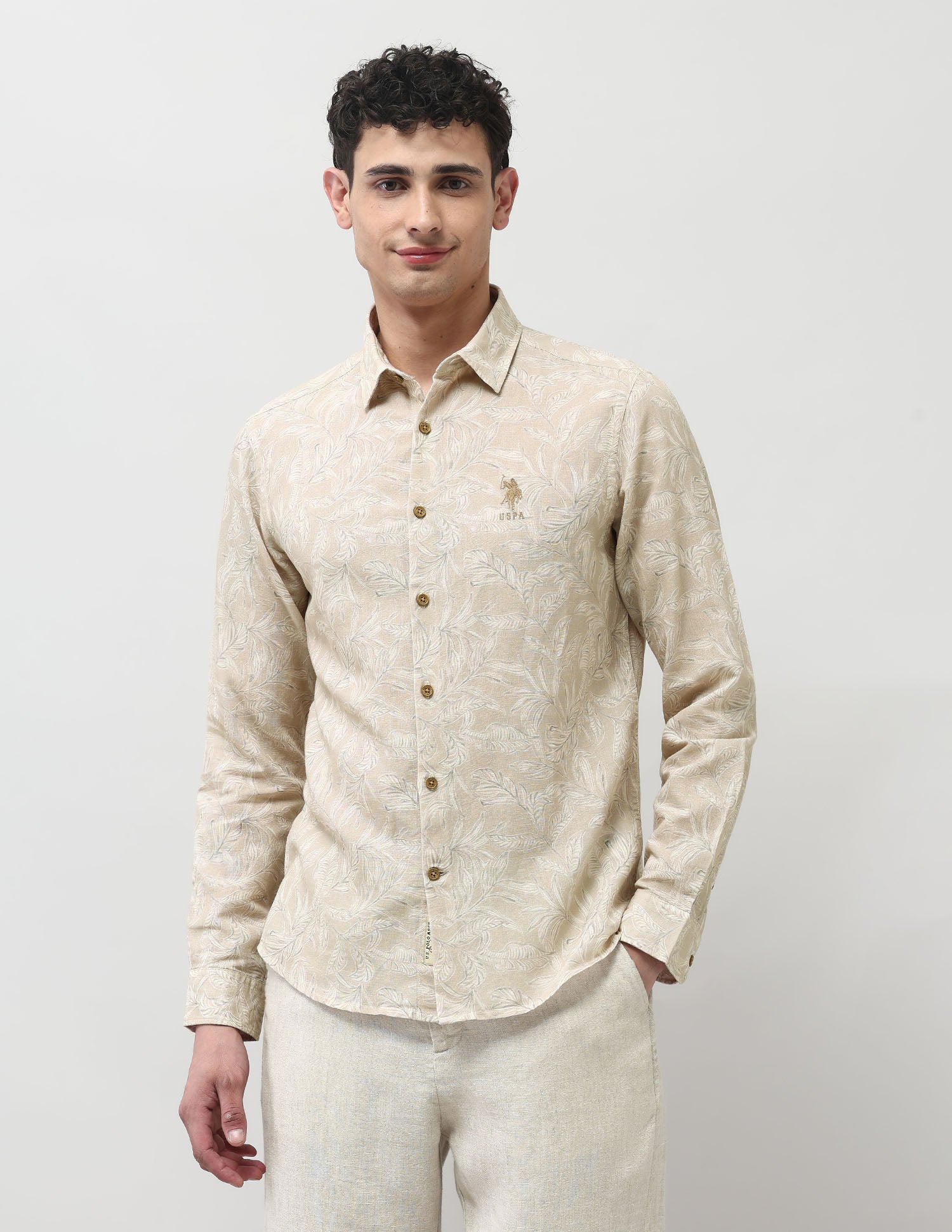 Tropical Printed Regular Fit Shirt Beige - U.S. POLO ASSN. | Large