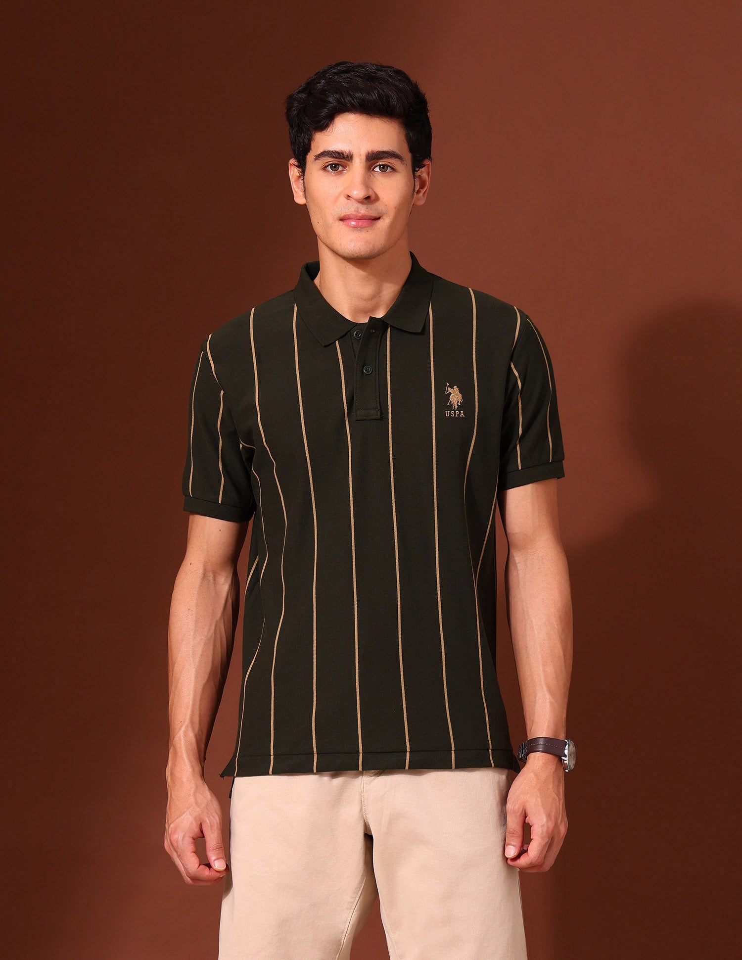 Vertical Striped Classic Polo Shirt Olive - U.S. Polo Assn. India | Large