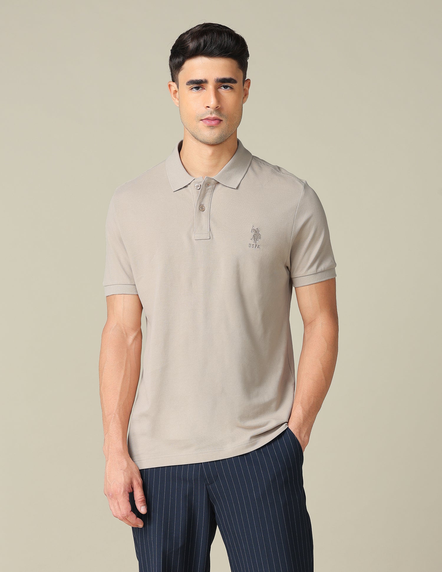 Muscle Fit Typographic Printed Polo Shirt Beige - U.S. POLO ASSN. | Large