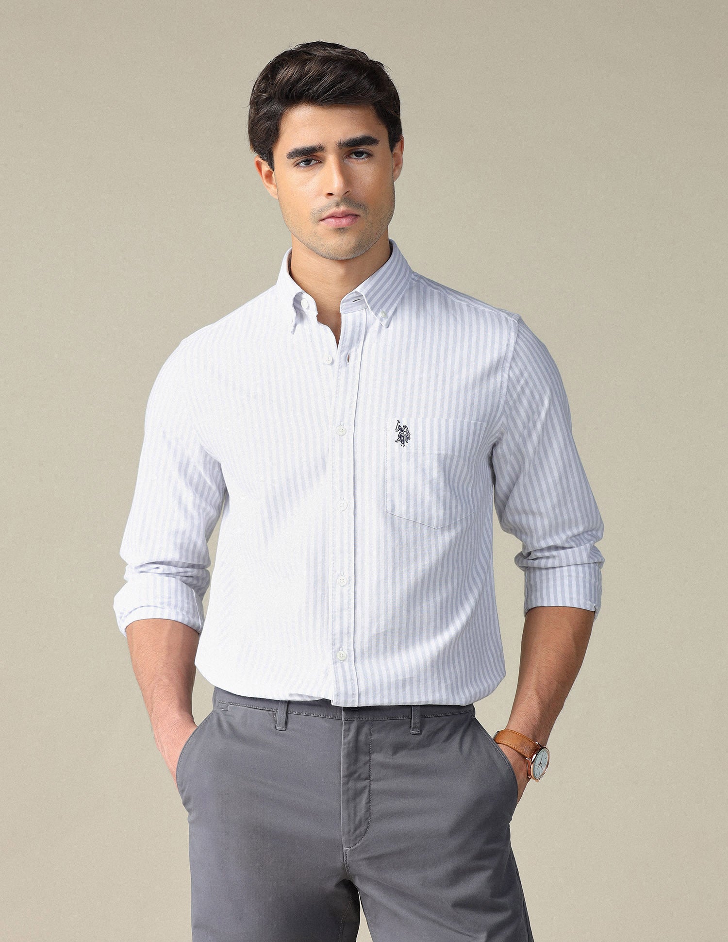Vertical Striped Button Down Shirt Grey - U.S. POLO ASSN. | Large