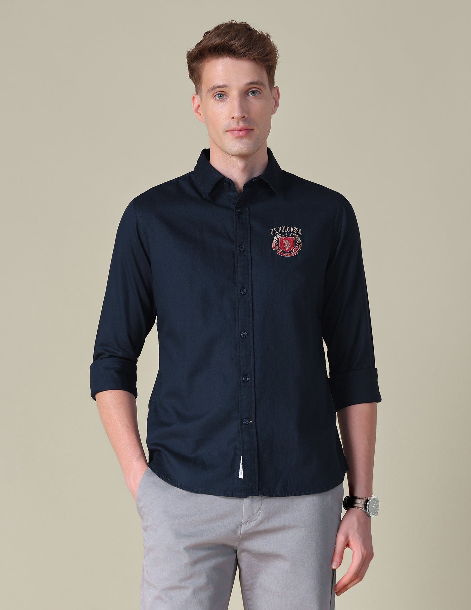 Dobby Tailored Fit Shirt Navy - U.S. POLO ASSN. | Large