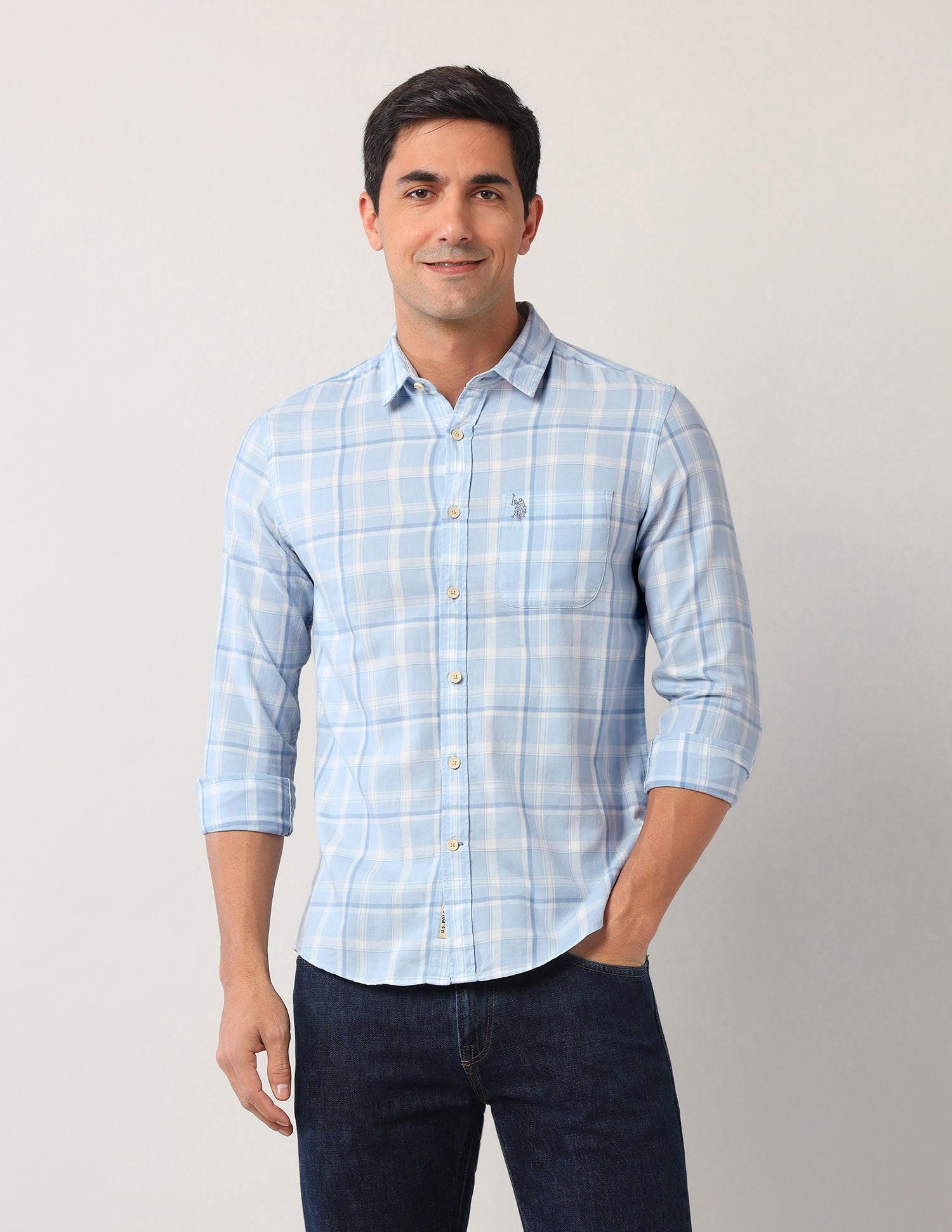 Regular Fit Grid Tattersall Checked Shirt Light Blue - U.S. Polo Assn. India | Large