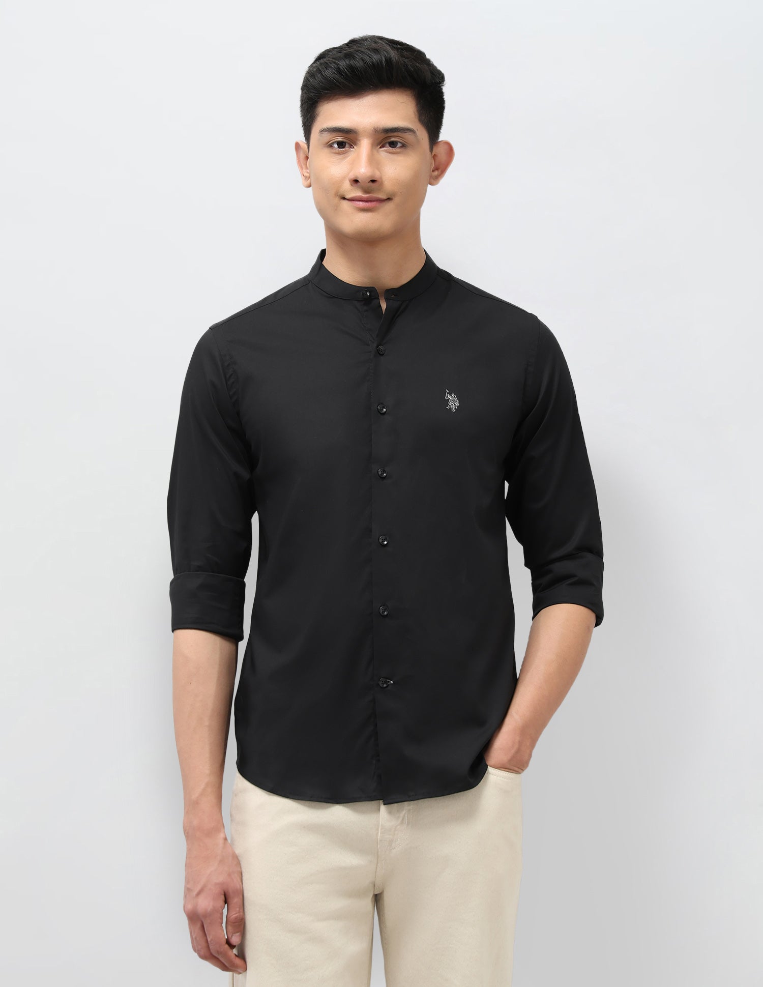 Solid Regular Fit Mandarin Shirt Black - U.S. POLO ASSN. | Large