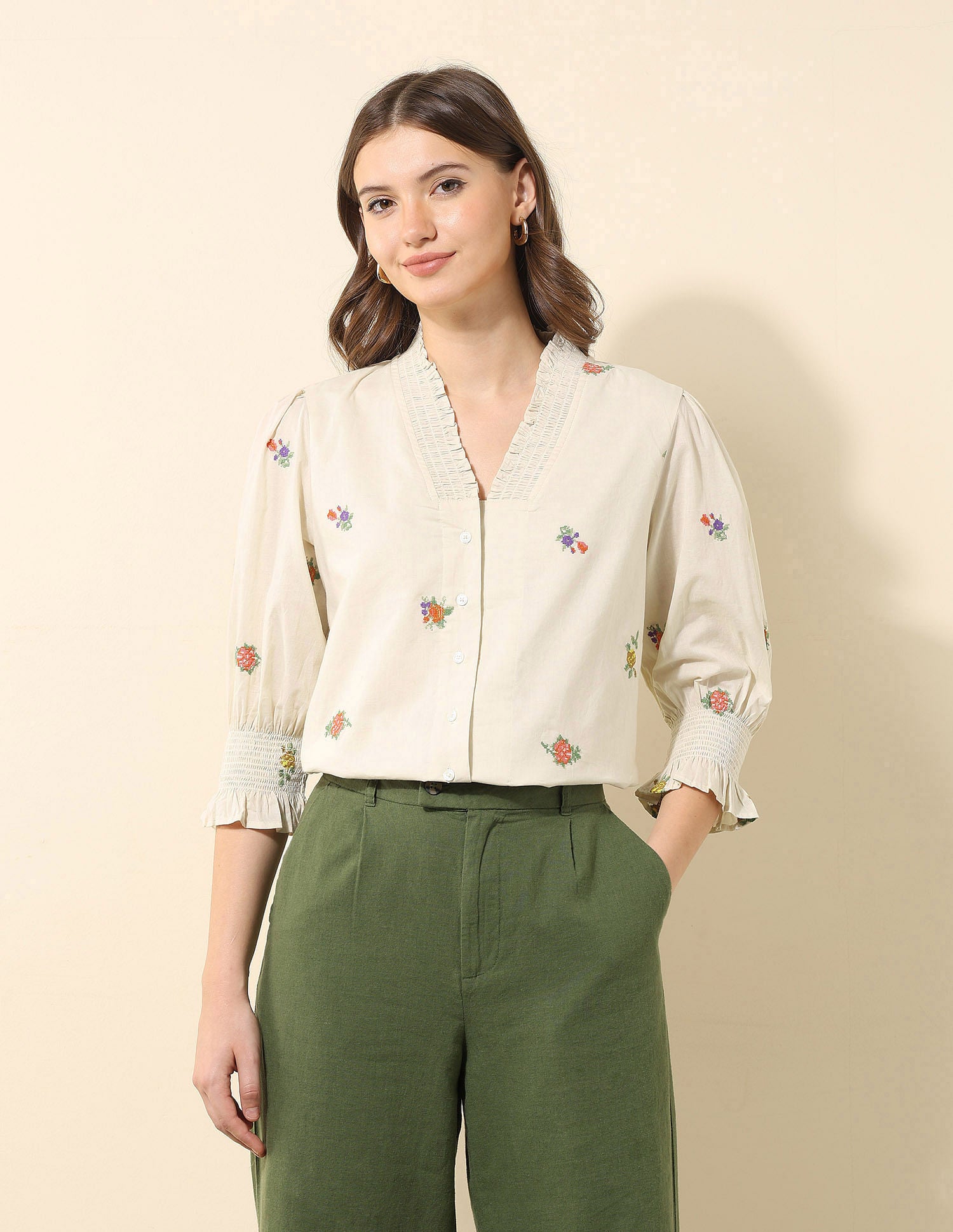 Floral Embroidered Ruffle Top Ecru - U.S. Polo Assn. India | Large