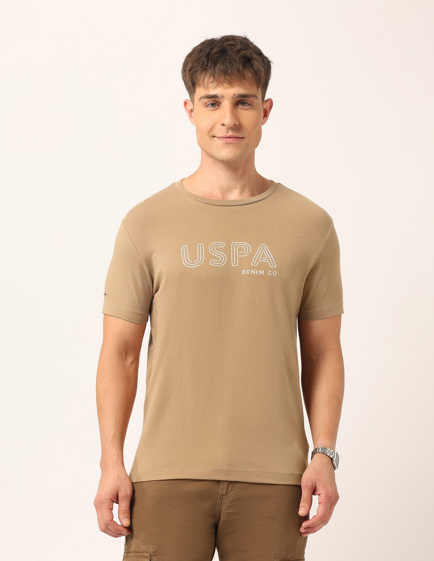 Brand Printed Muscle Fit T-Shirt Medium Khaki - U.S. Polo Assn. India | Large