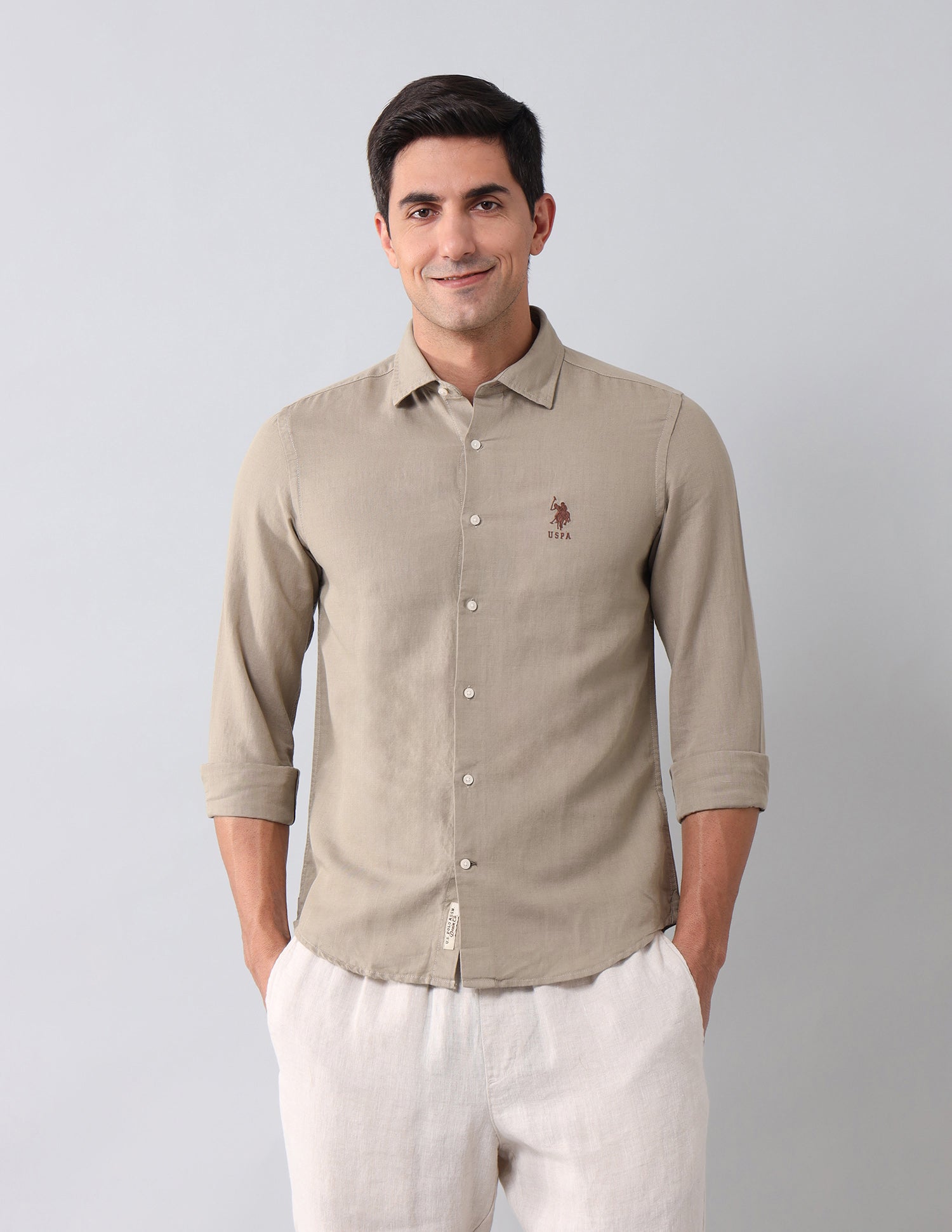 Regular Fit Solid Shirt Khaki - U.S. Polo Assn. India | Large