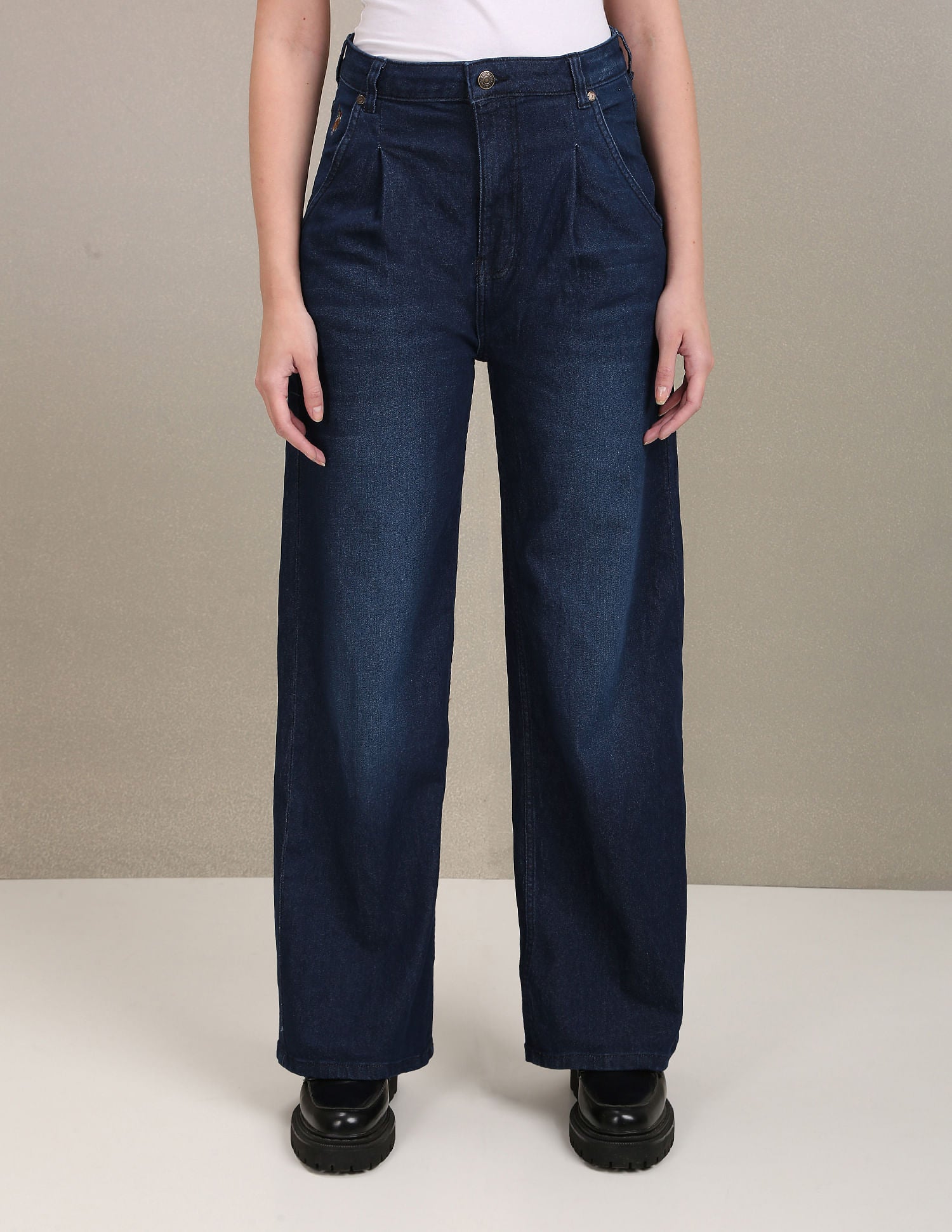 High Rise Pleated Wide Leg Jeans Dark Blue - U.S. Polo Assn. India | Large