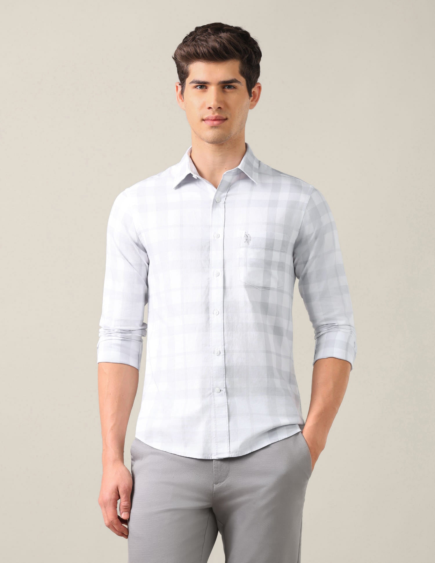 Grid Tattersall Checked Tailored Fit Shirt Grey - U.S. Polo Assn. India | Large