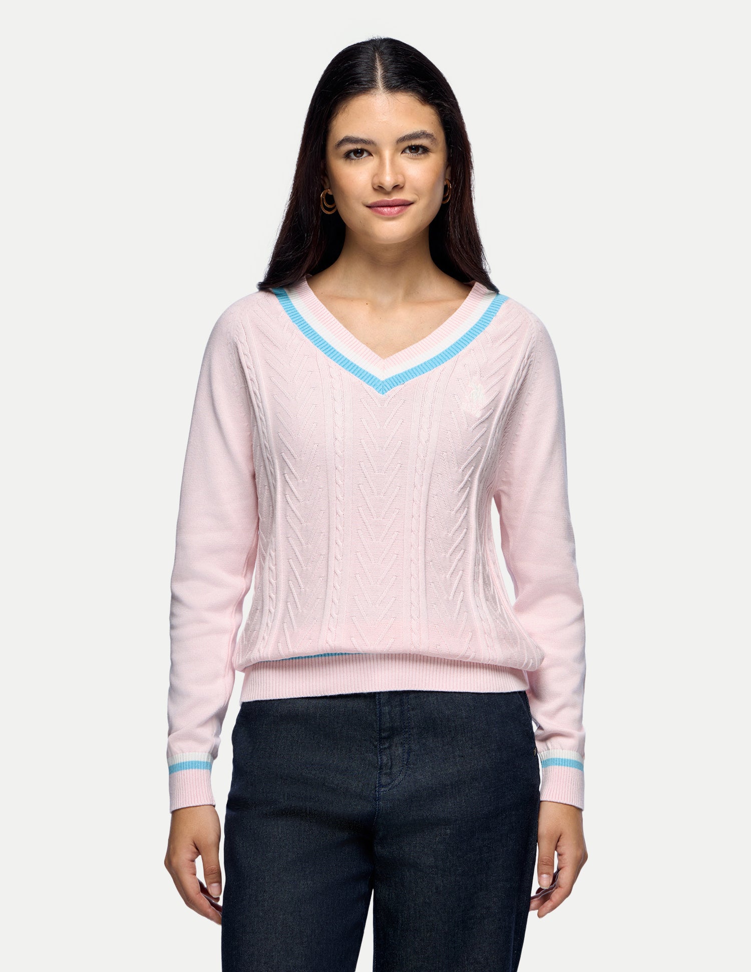 Cable Patterned Knit Regular Fit Sweater Light Pink - U.S. Polo Assn. India | Large