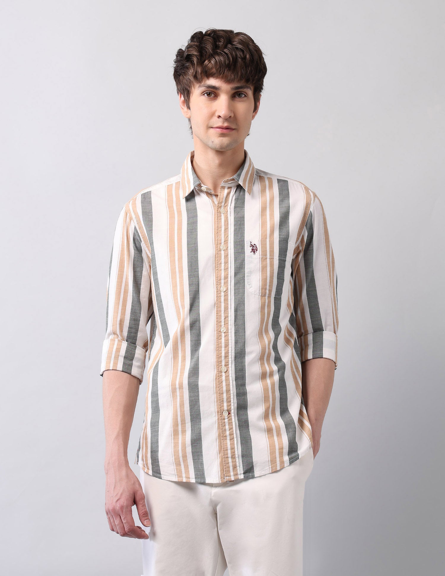 Vertical Striped Pure Cotton Shirt Ivory - U.S. Polo Assn. India | Large