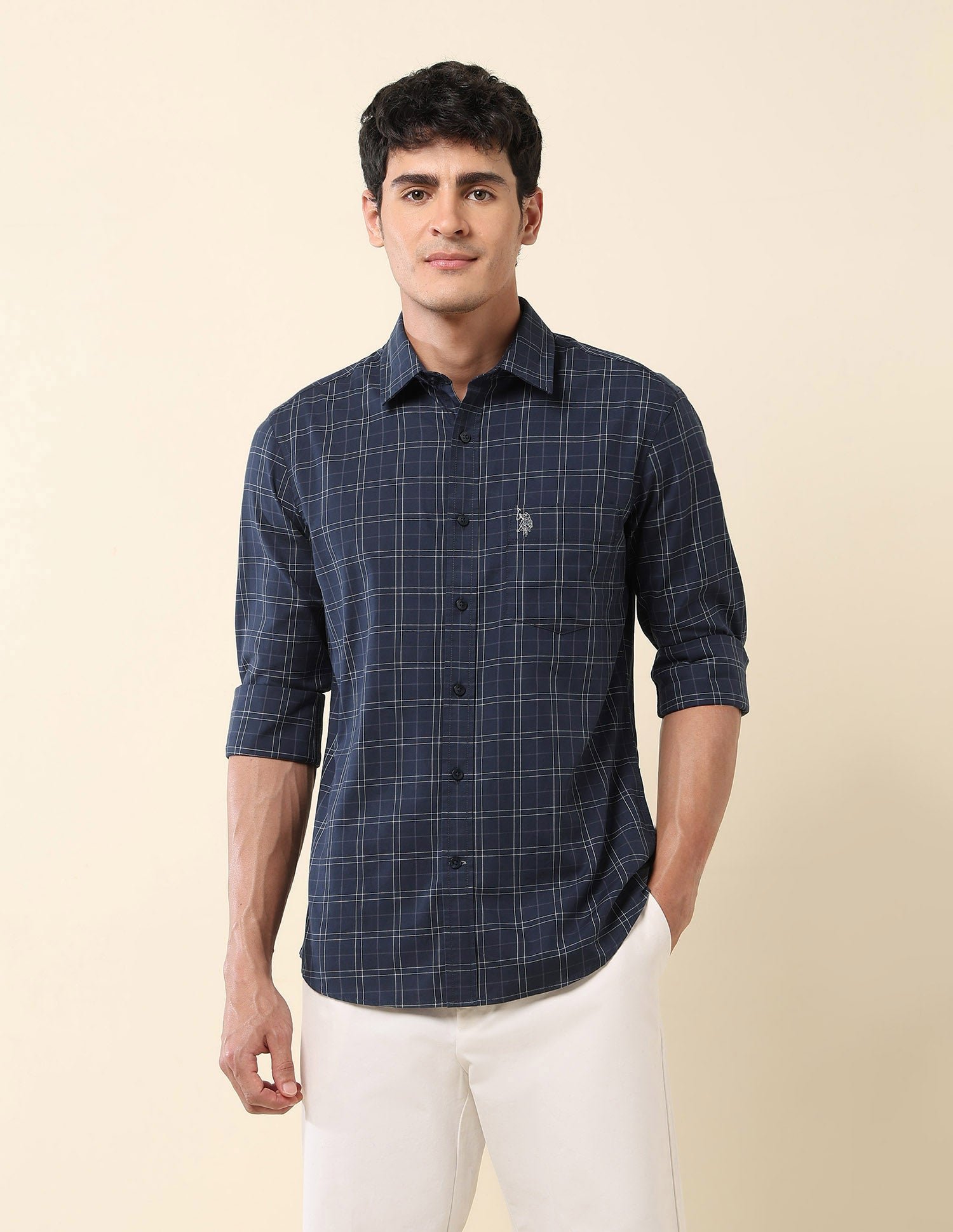 Grid Tattersall Checked Tailored Fit Shirt Navy - U.S. Polo Assn. India | Large