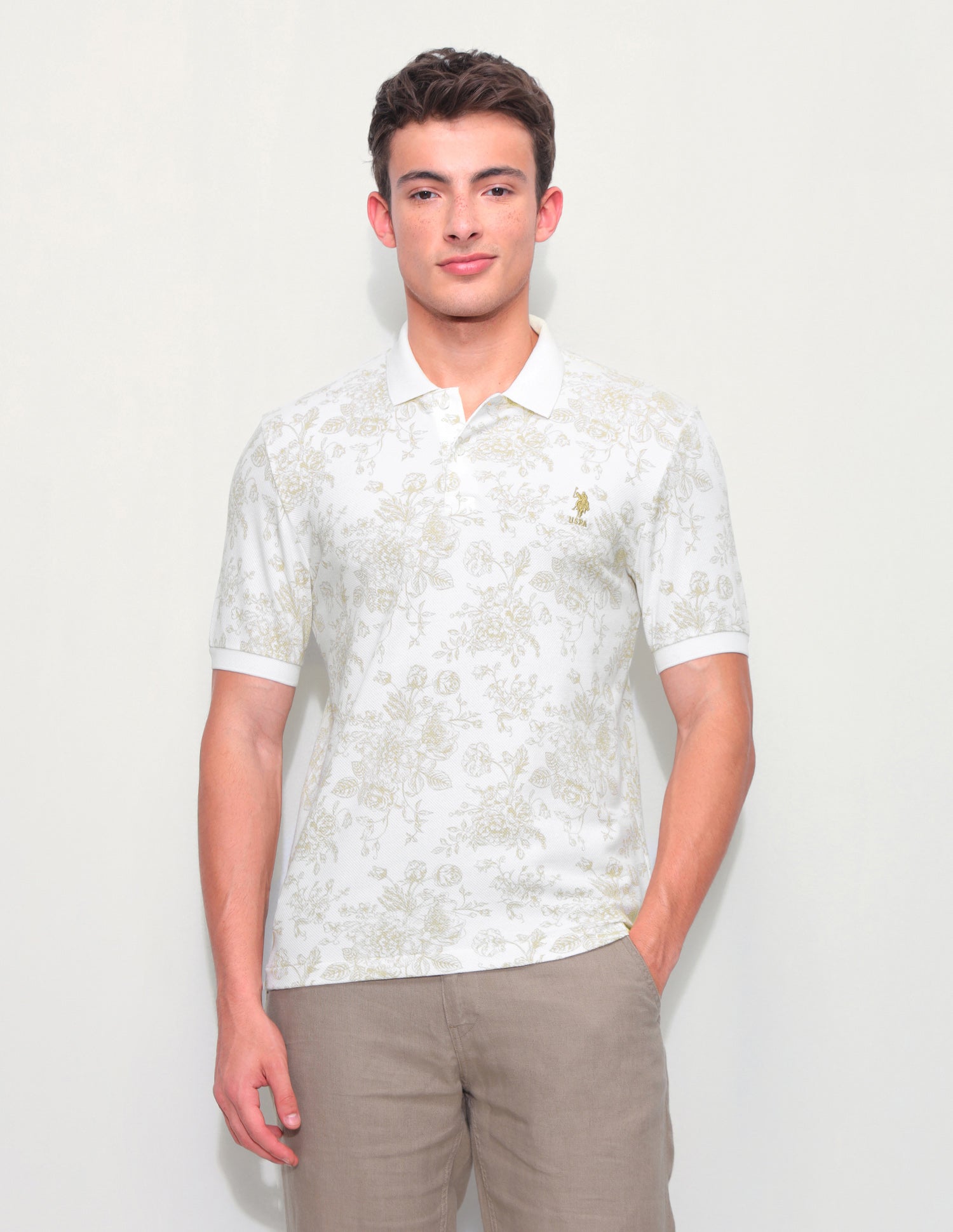 Floral Printed Slim Fit Polo Shirt Beige - U.S. Polo Assn. India | Large