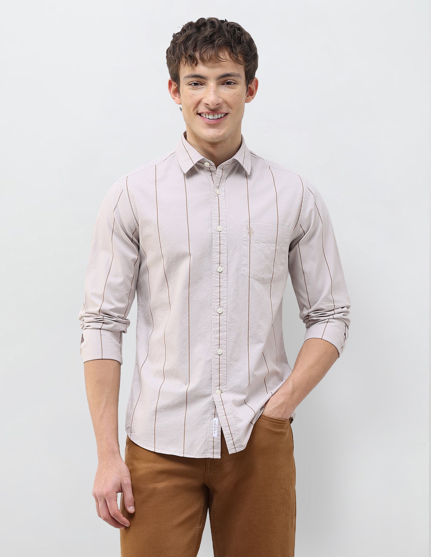 Vertical Striped Regular Fit Shirt Beige - U.S. Polo Assn. India | Large