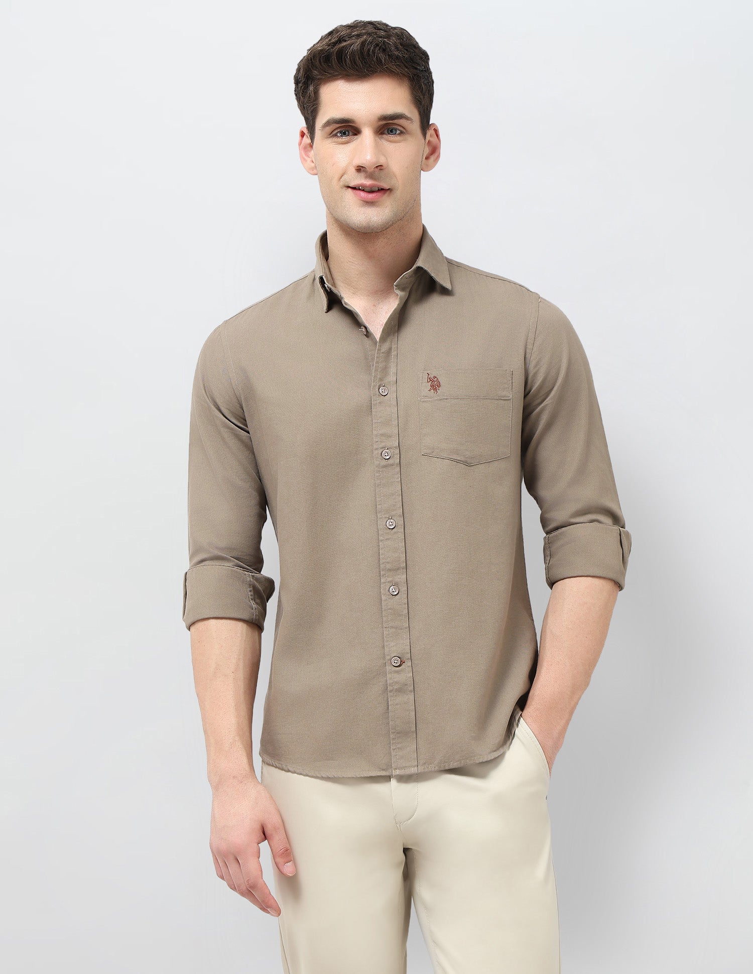 Tailored Fit Solid Shirt Light Brown - U.S. Polo Assn. India | Large