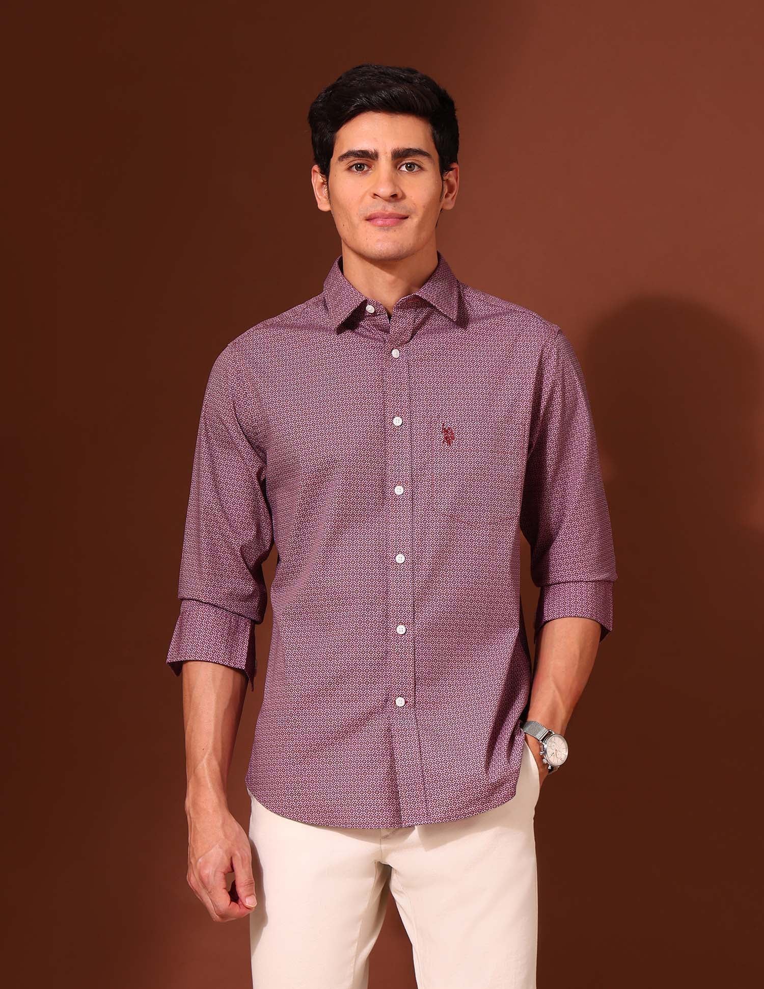 Floral Printed Tailored Fit Shirt Dark Pink - U.S. Polo Assn. India | Large