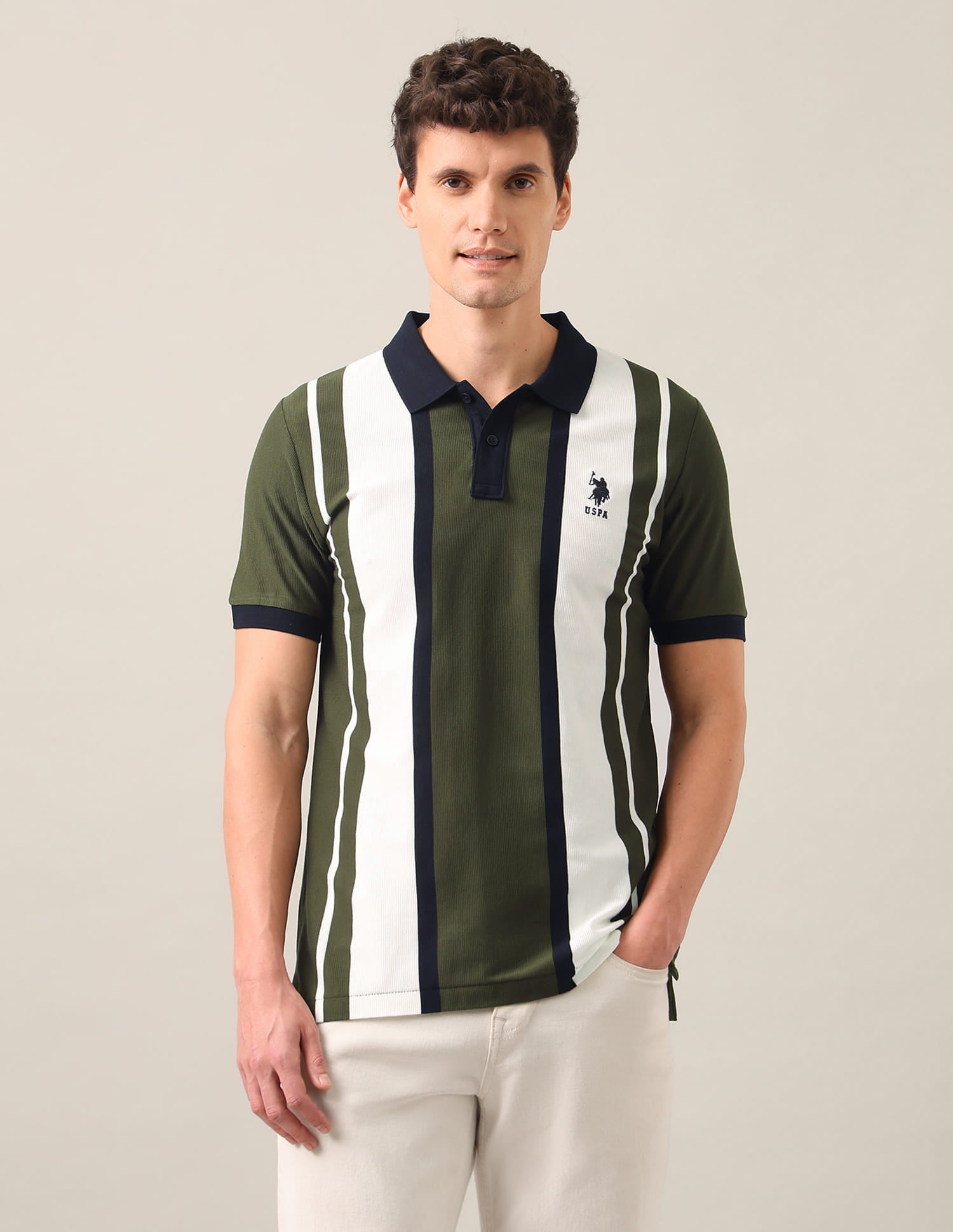 Vertical Striped Slim Fit Polo Shirt Green - U.S. Polo Assn. India | Large