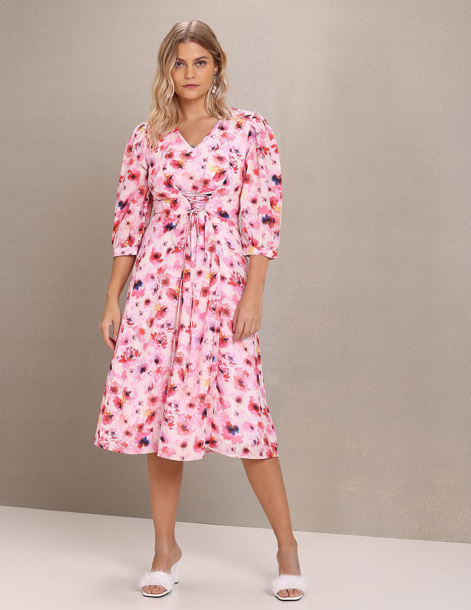 V-Neck Floral Print Fit And Flare Dress Pink - U.S. POLO ASSN. | Large