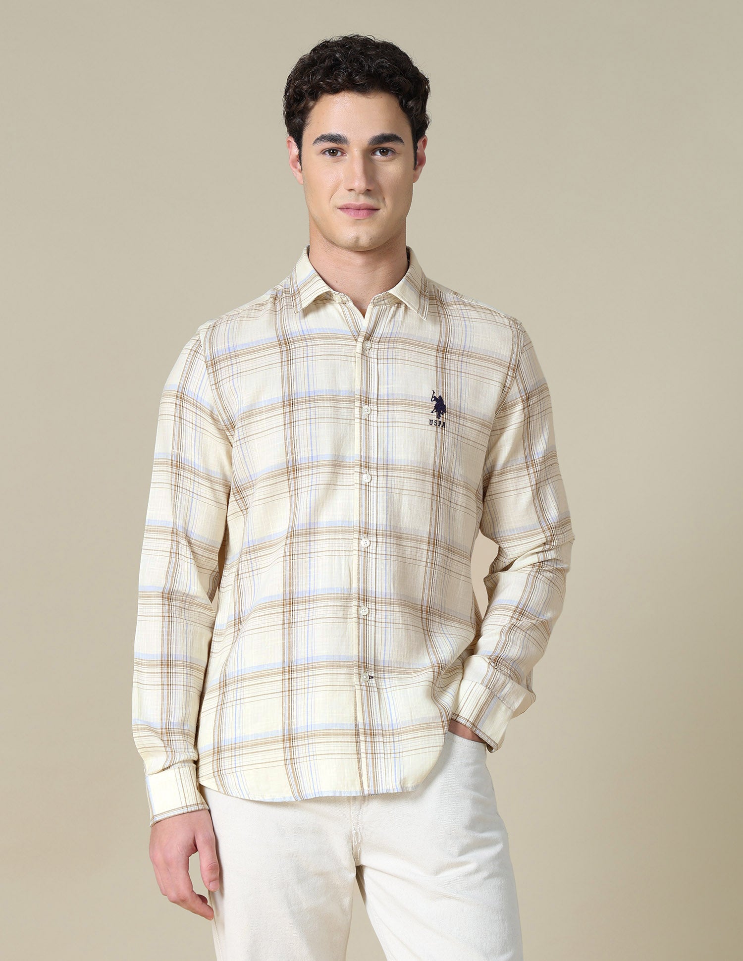 Grid Tattersall Checked Twill Shirt Ivory - U.S. Polo Assn. India | Large