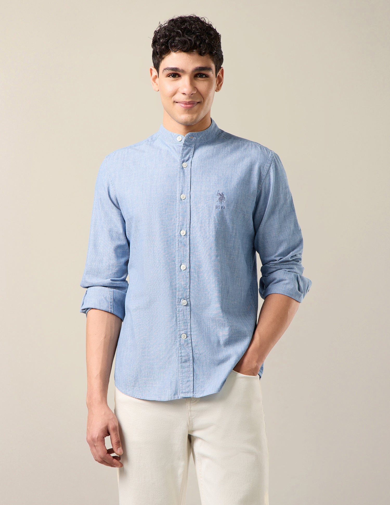 Heathered Twill Mandarin Shirt Light Indigo - U.S. Polo Assn. India | Large