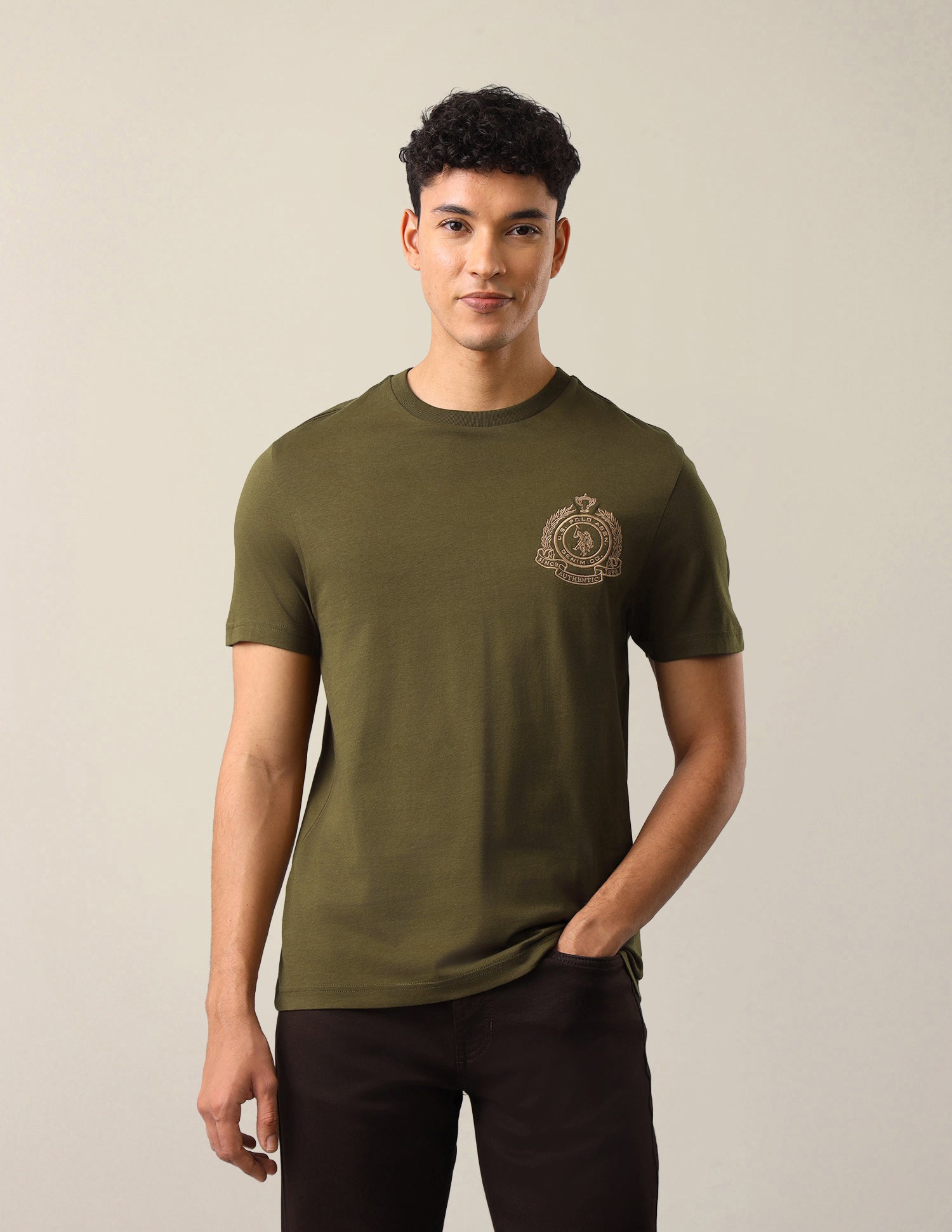Solid Regular Fit T-Shirt Olive - U.S. Polo Assn. India | Large