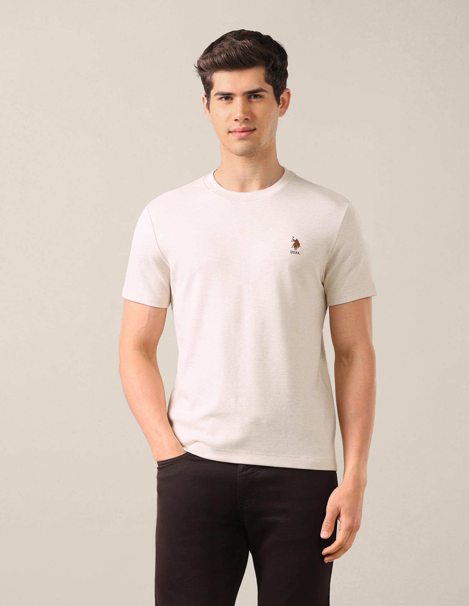 Solid Slim Fit T-Shirt Beige - U.S. Polo Assn. India | Large