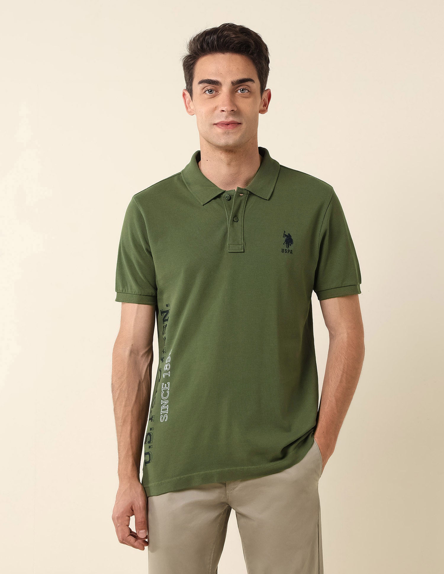 Brand Printed Pure Cotton Polo Shirt Olive - U.S. Polo Assn. India | Large
