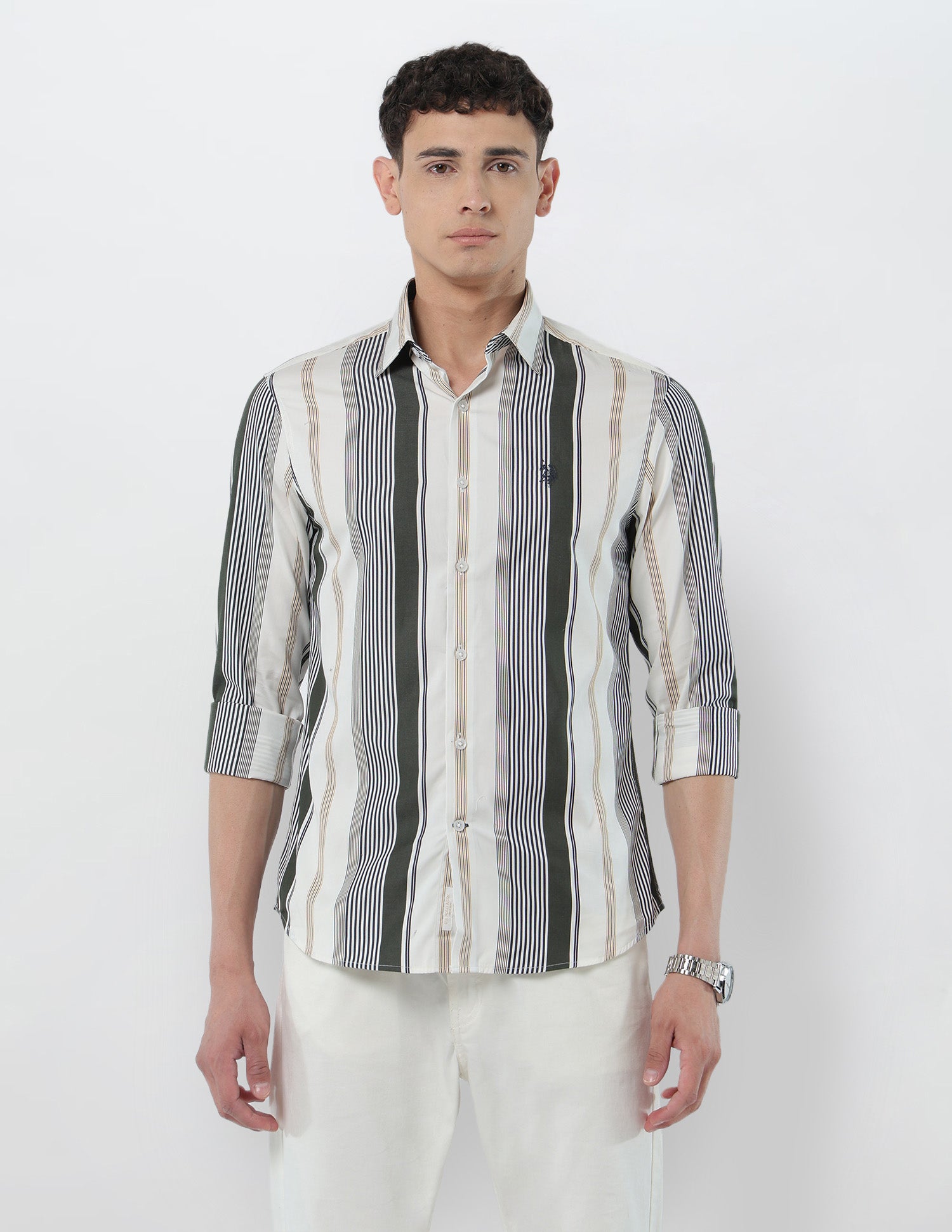 Vertical Striped Tailored Fit Shirt Olive - U.S. POLO ASSN. | Large