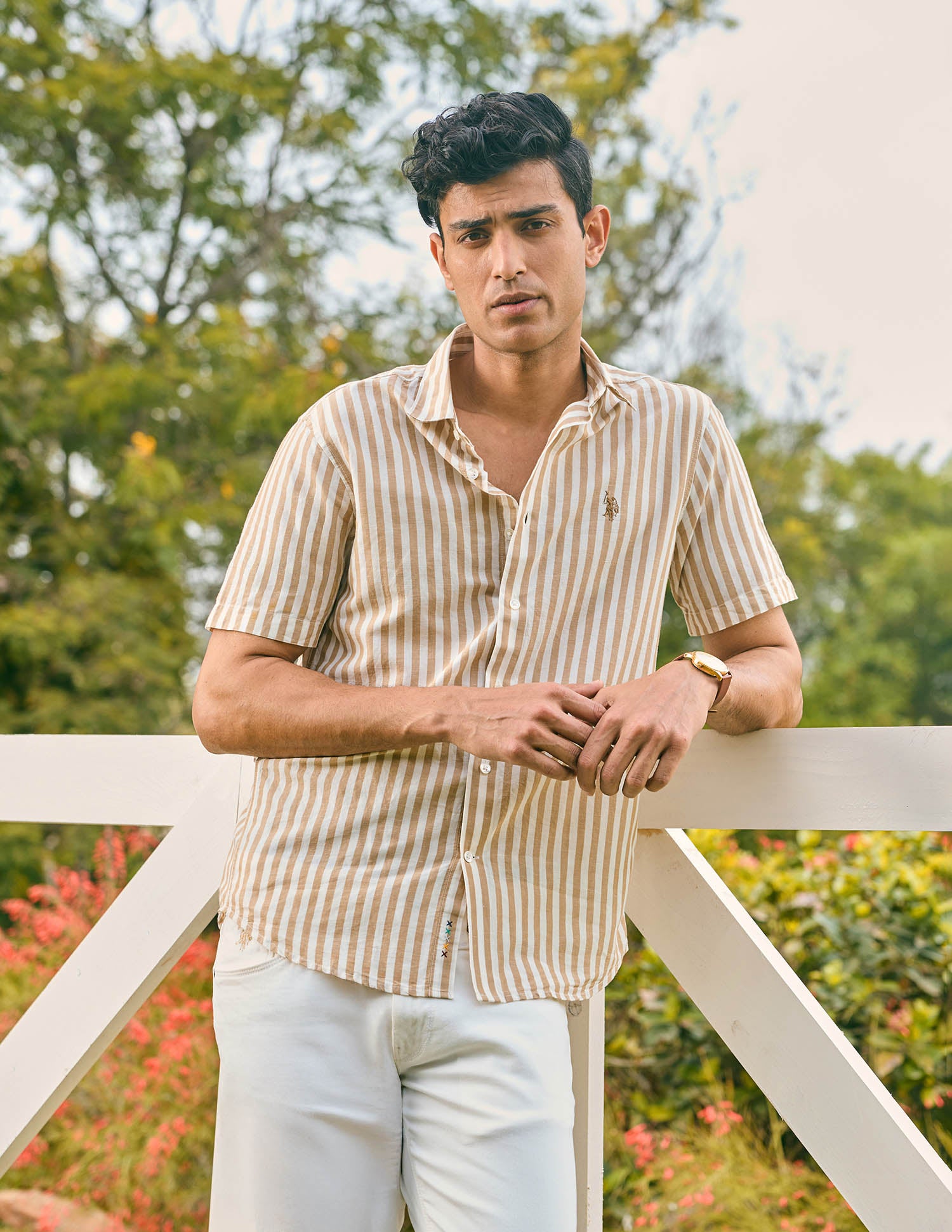 Pacho X Vertical Stripe Cotton Linen Shirt Beige - U.S. POLO ASSN. | Large