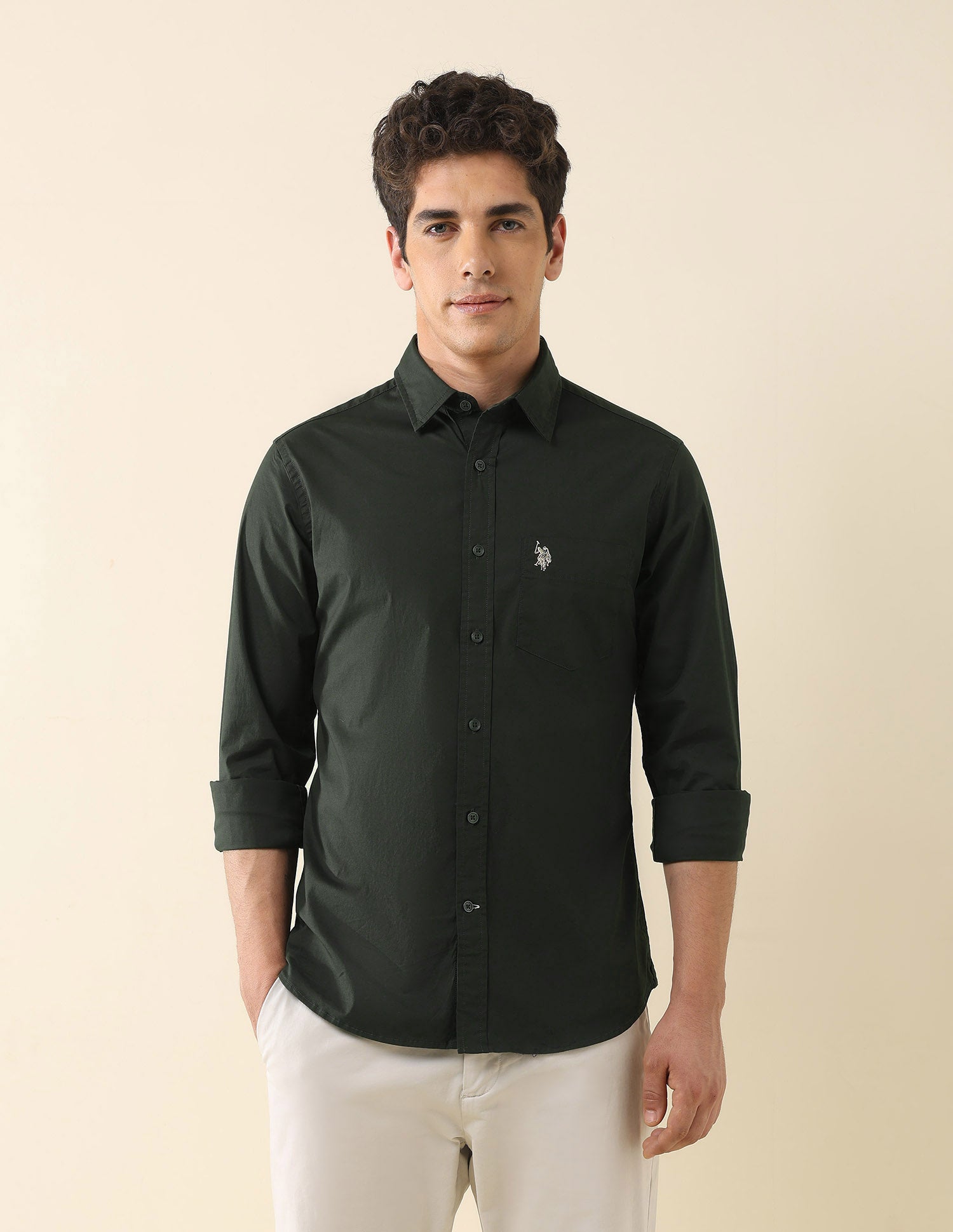 Solid Tailored Fit Regular Shirt Green - U.S. Polo Assn. India | Large