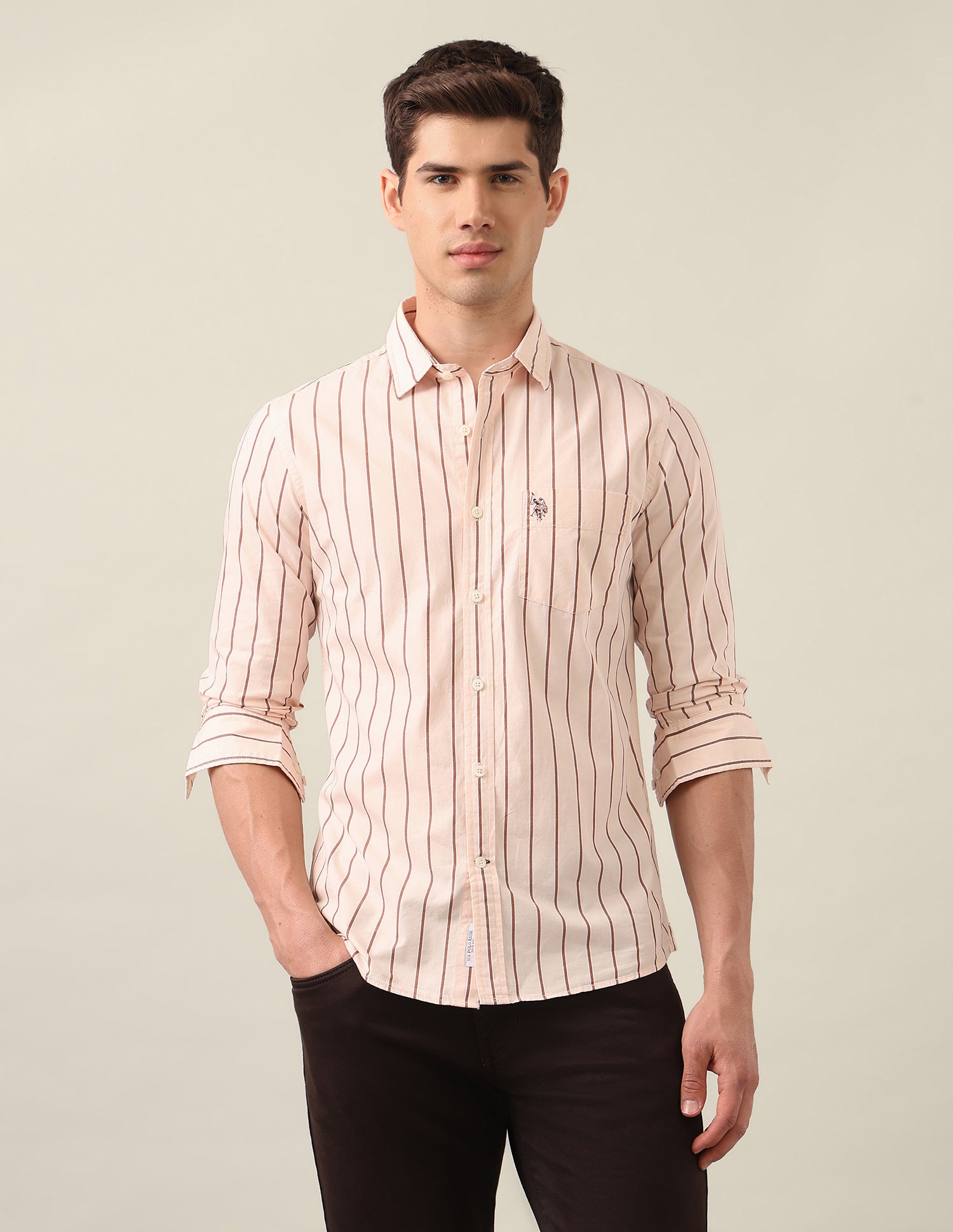 Tailored Fit Vertical Striped Shirt Peach - U.S. Polo Assn. India | Large
