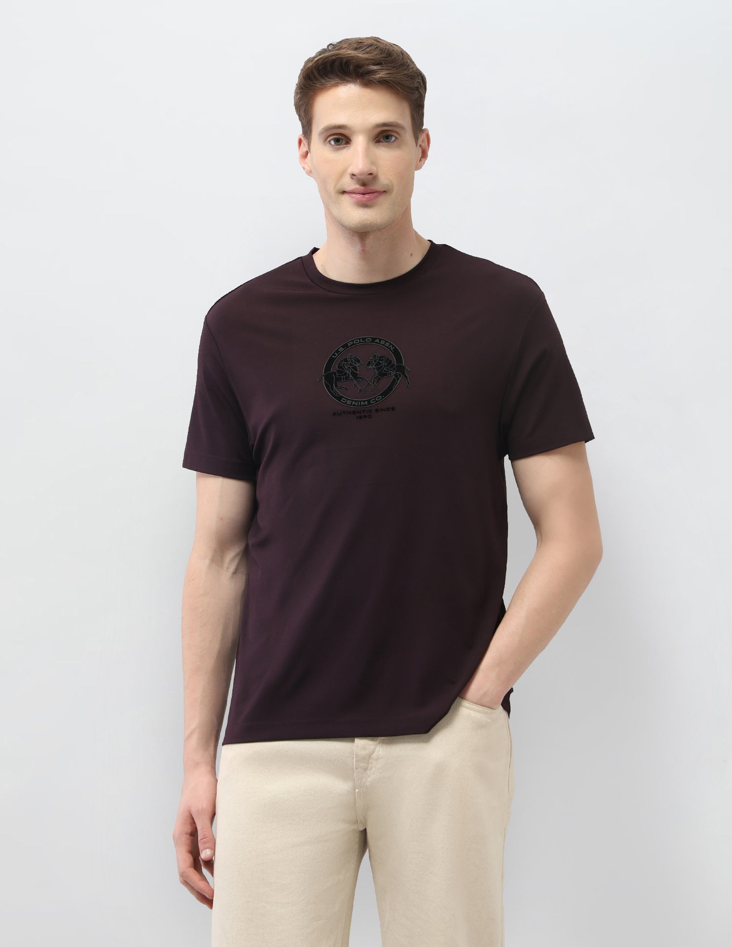 Solid Slim Fit Black & Gold T-Shirt Wine - U.S. Polo Assn. India | Large