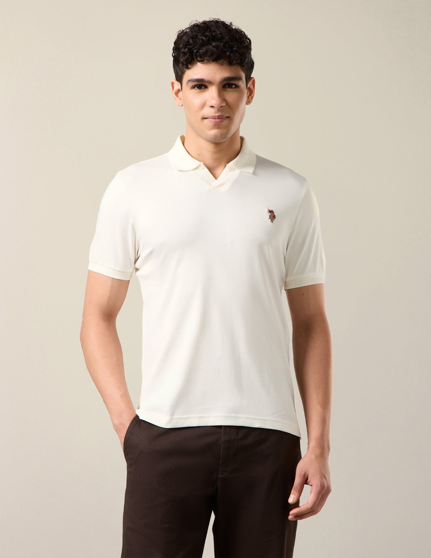 Solid Slim Fit Polo Shirt Off White - U.S. Polo Assn. India | Large
