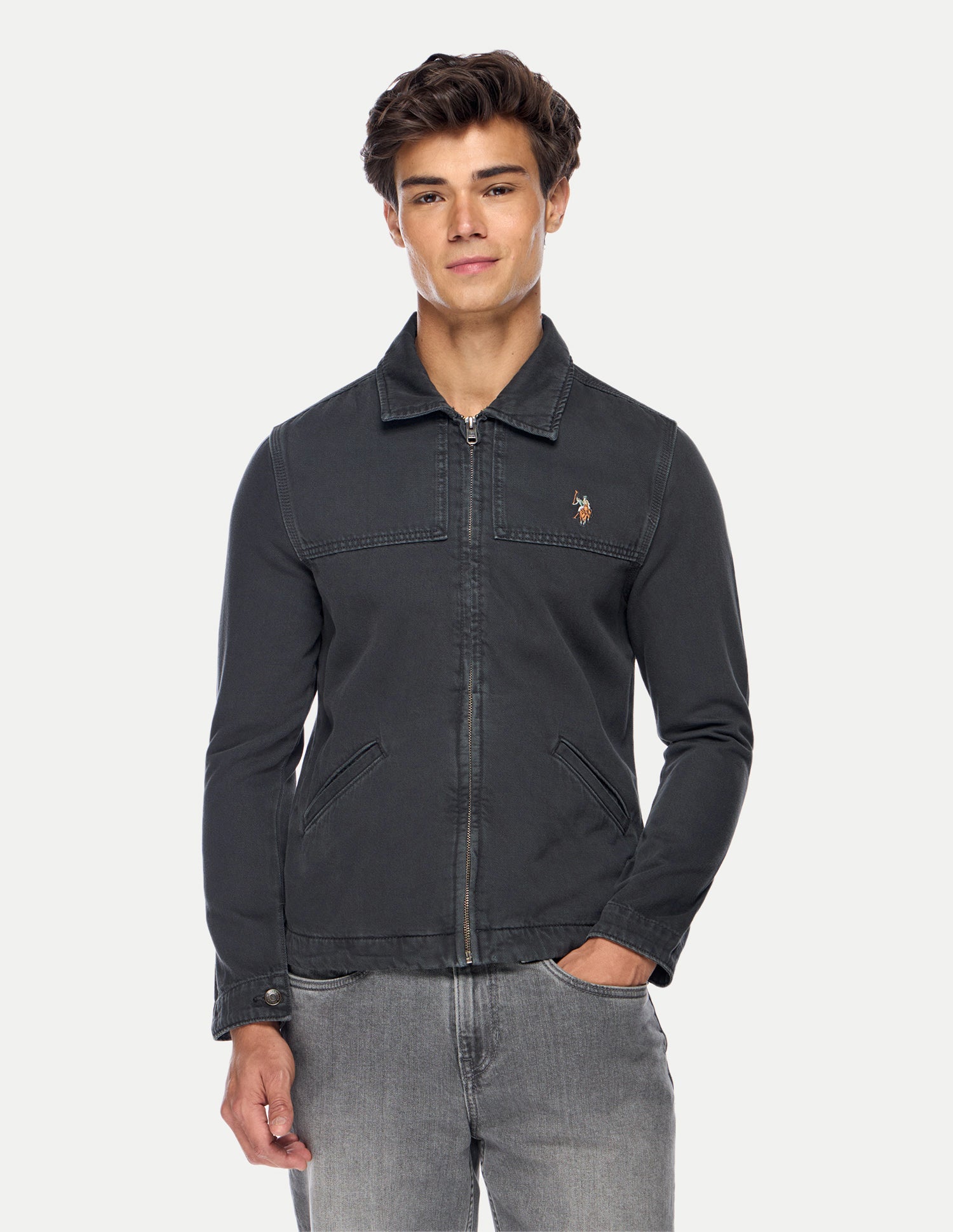 Solid Regular Fit Trucker Jacket Charcoal - U.S. Polo Assn. India | Large