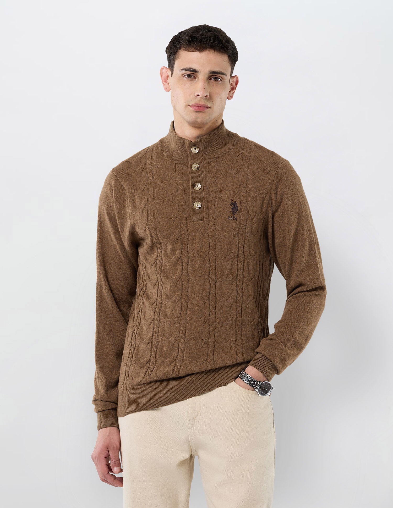 Patterned Cable Knit Regular Fit Sweater Khaki - U.S. POLO ASSN. | Large
