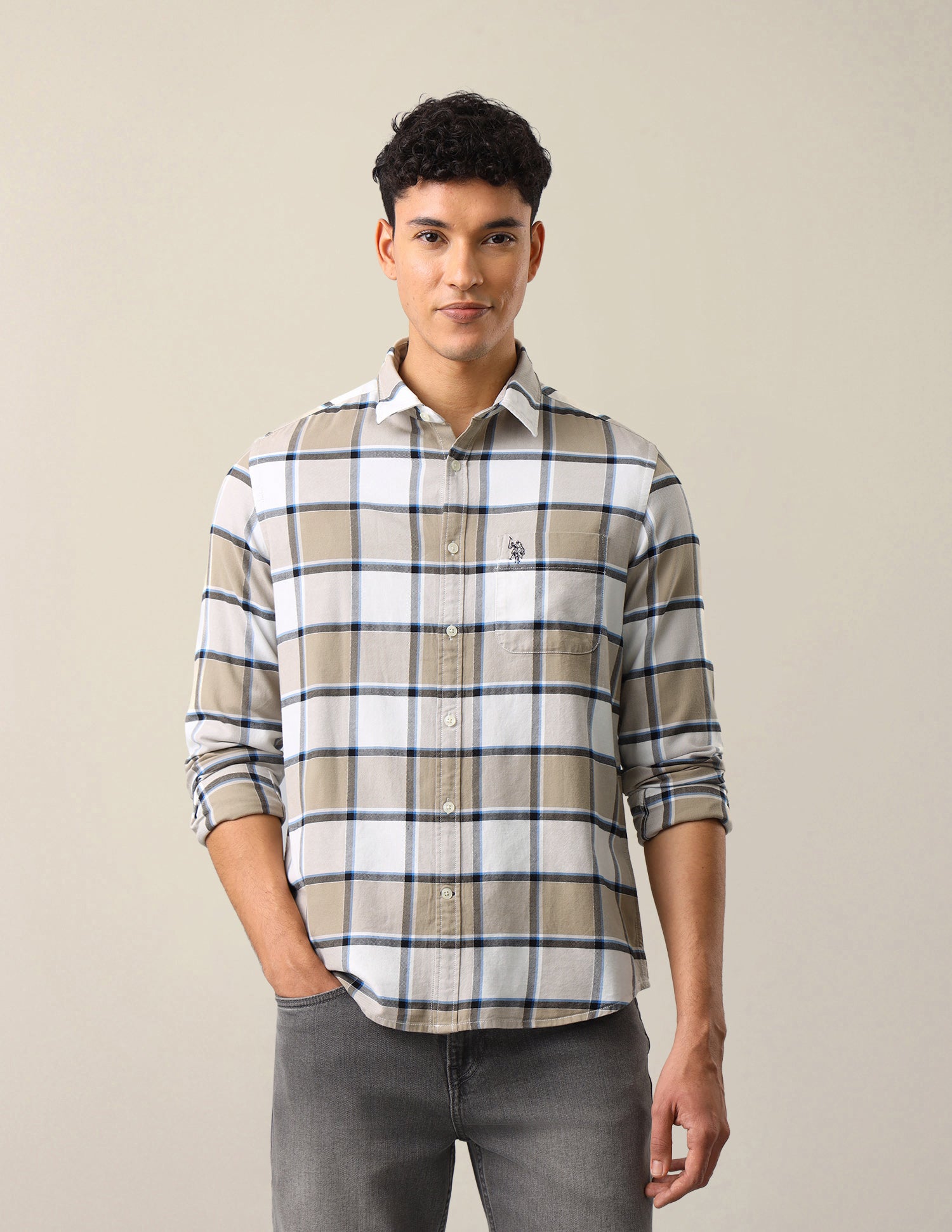 Twill Windowpane Checked Shirt Beige - U.S. Polo Assn. India | Large