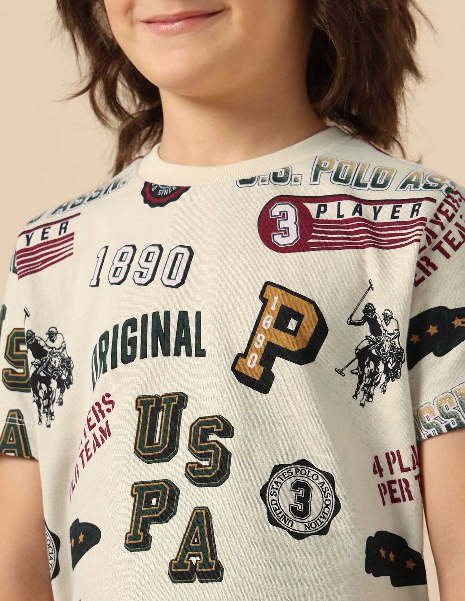 Boys Graphic Printed Pure Cotton T Shirt Ecru - U.S. POLO ASSN. | Large