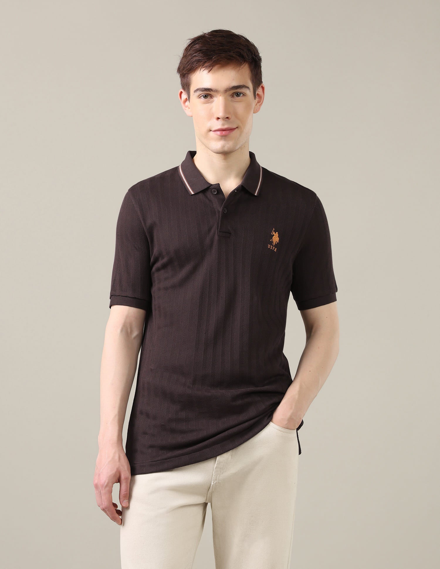 Textured Chevron Slim Fit Polo Shirt Brown - U.S. Polo Assn. India | Large