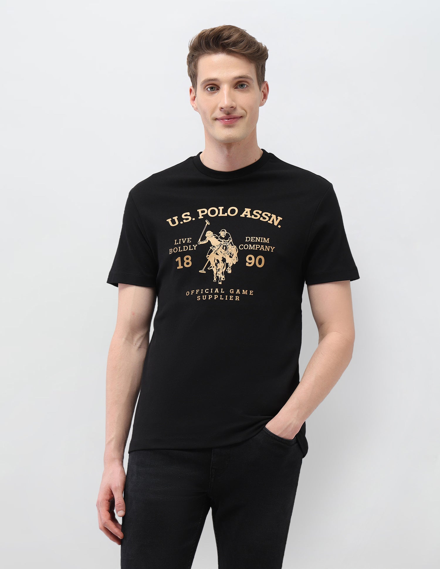 Graphic Brand Printed Slim Fit Black & Gold T-Shirt Black - U.S. Polo Assn. India | Large