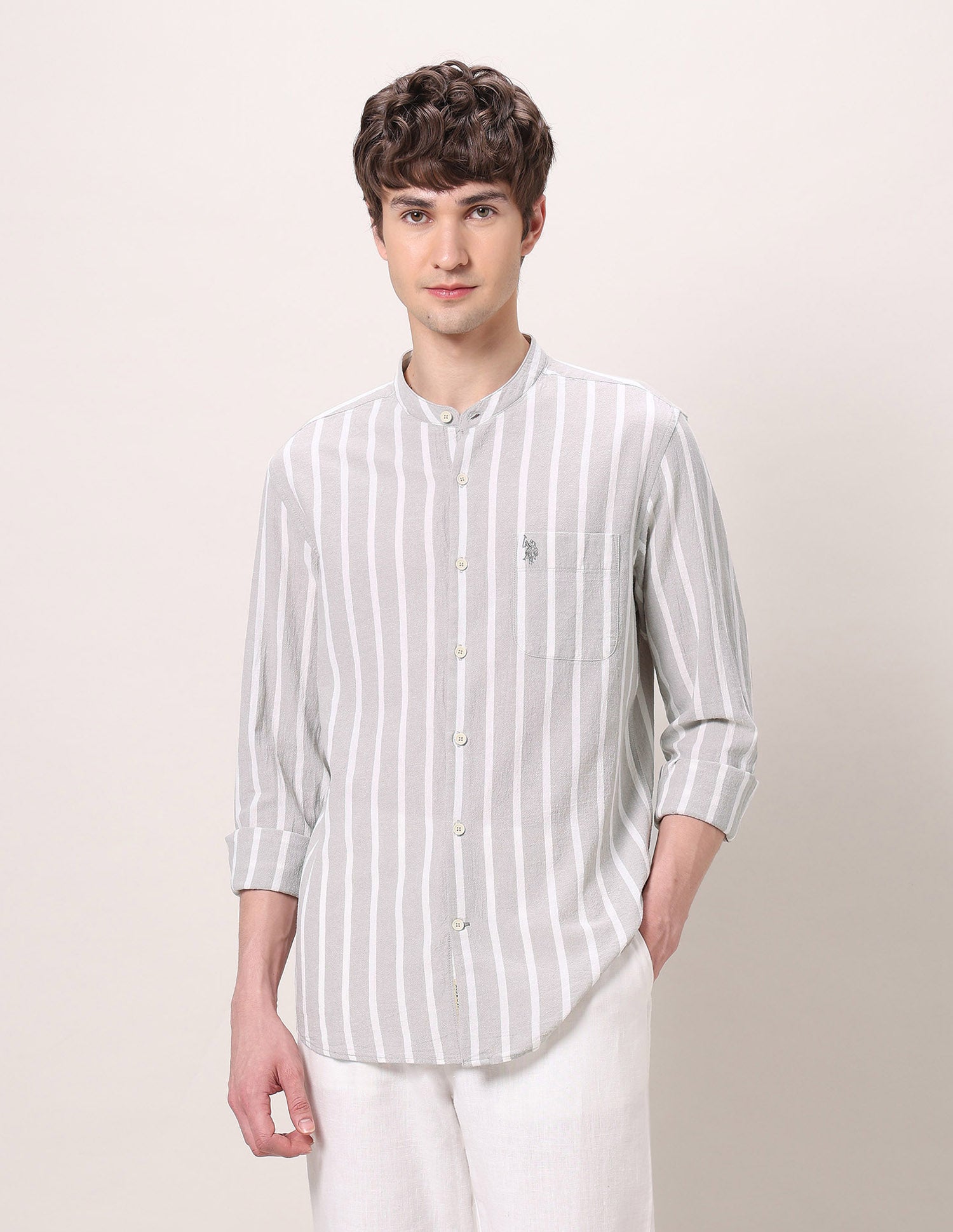 Pure Cotton Poplin Mandarin Shirt Grey - U.S. Polo Assn. India | Large
