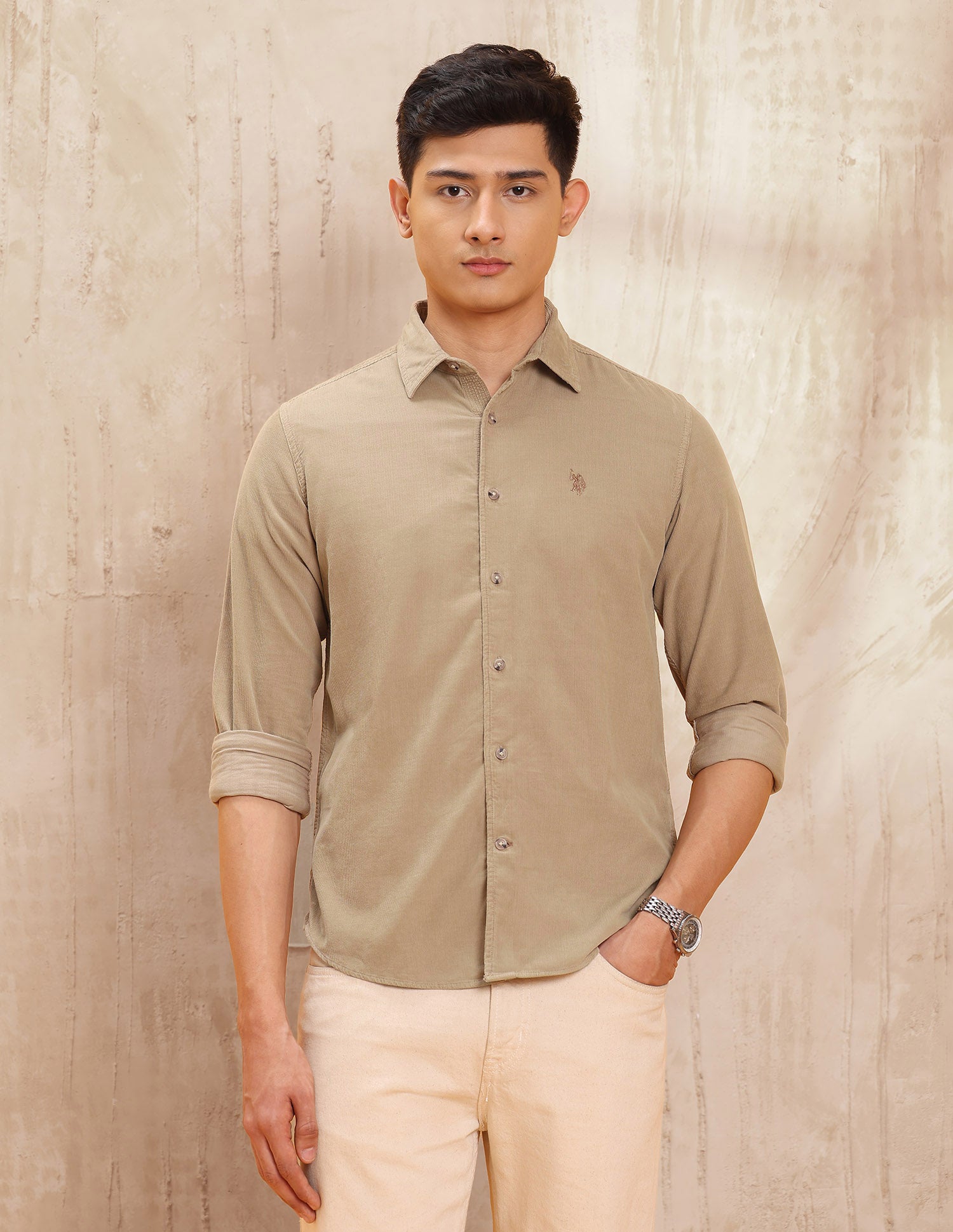 Pure Cotton Slim Fit Shirt Light Khakhi - U.S. POLO ASSN. | Large