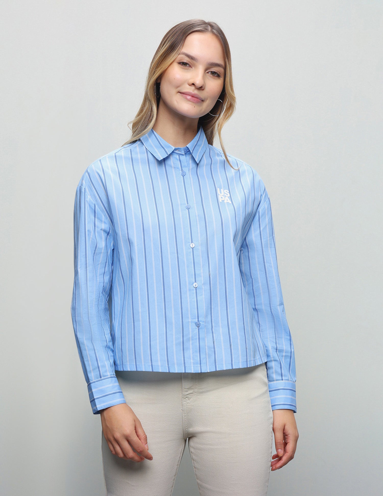 Vertical Striped Cropped Shirt Light Blue - U.S. Polo Assn. India | Large
