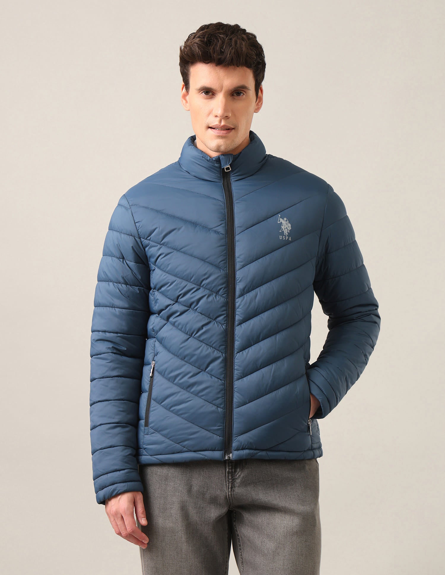 Solid High Neck Jacket Dark Blue - U.S. Polo Assn. India | Large