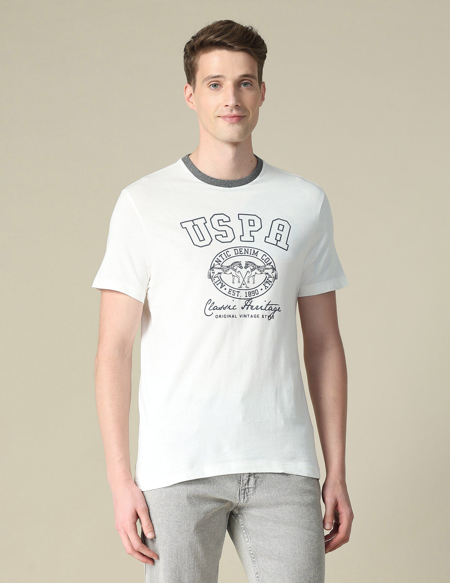 Graphic Brand Printed Slim Fit T-Shirt Ivory - U.S. Polo Assn. India | Large