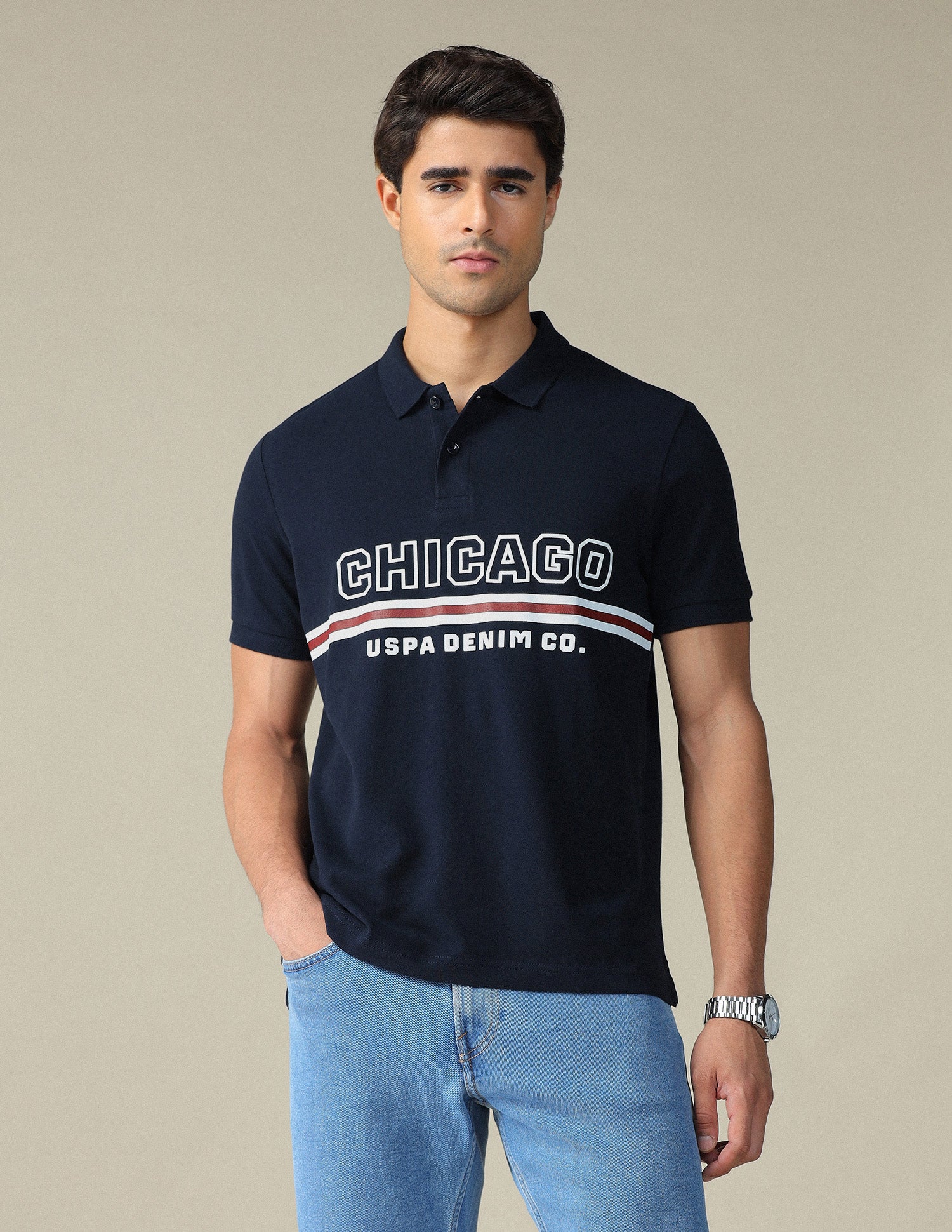 Typographic Printed Muscle Fit Polo Shirt Navy - U.S. POLO ASSN. | Large