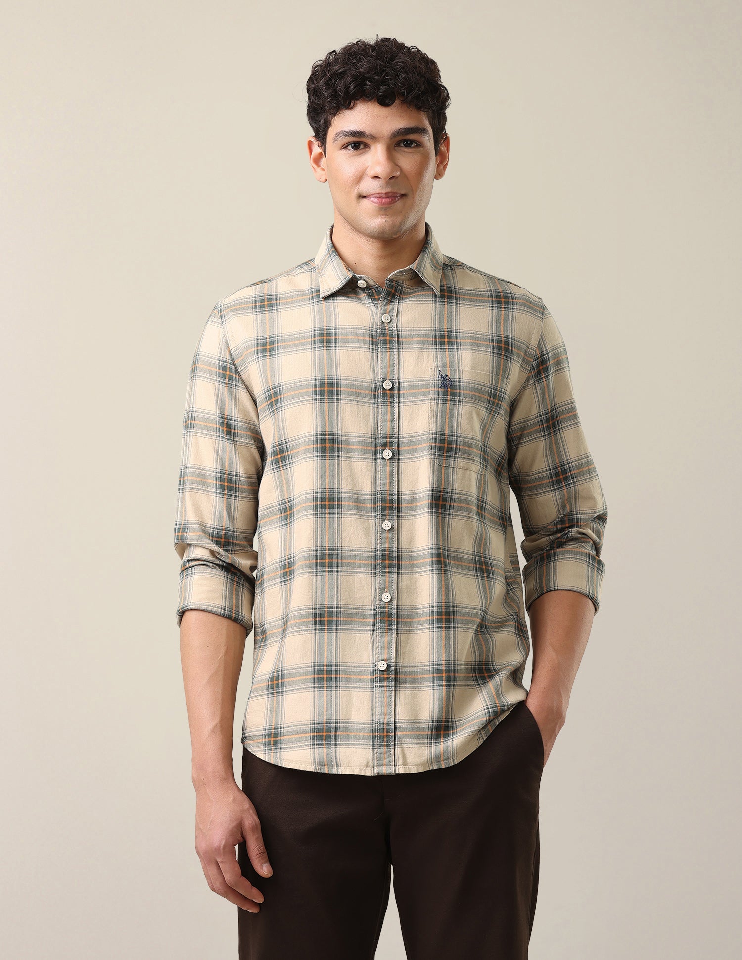 Plaid Checked Twill Shirt Beige - U.S. Polo Assn. India | Large