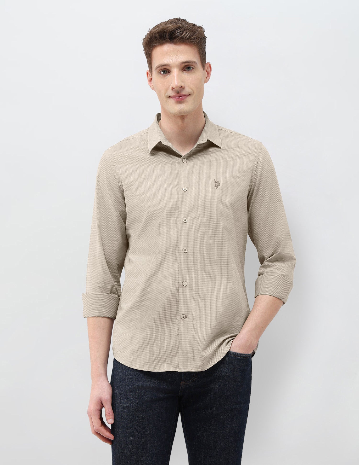 Micro Checked Black & Gold Regular Fit Shirt Beige - U.S. Polo Assn. India | Large