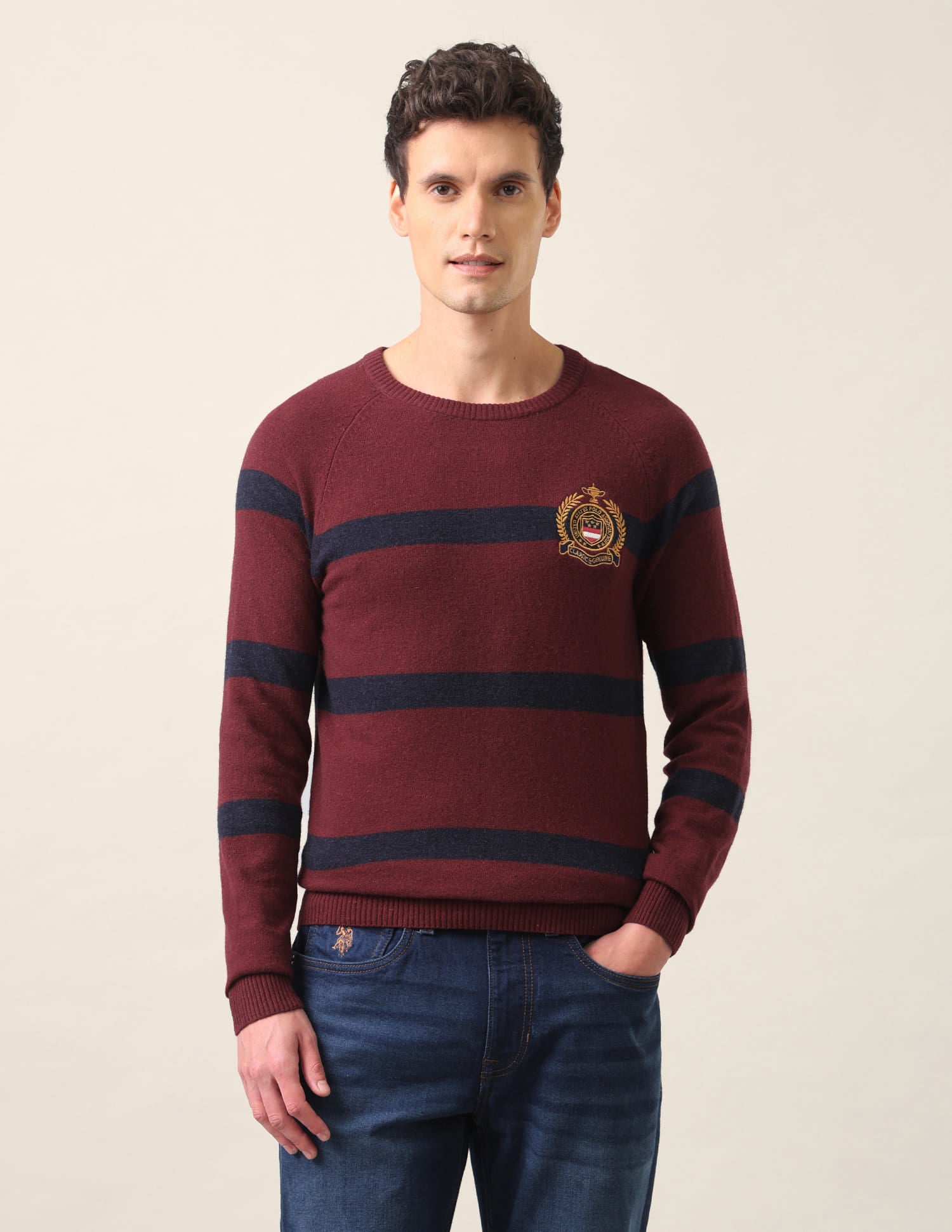 Crew Neck Horizontal Stripe Sweater Maroon - U.S. Polo Assn. India | Large